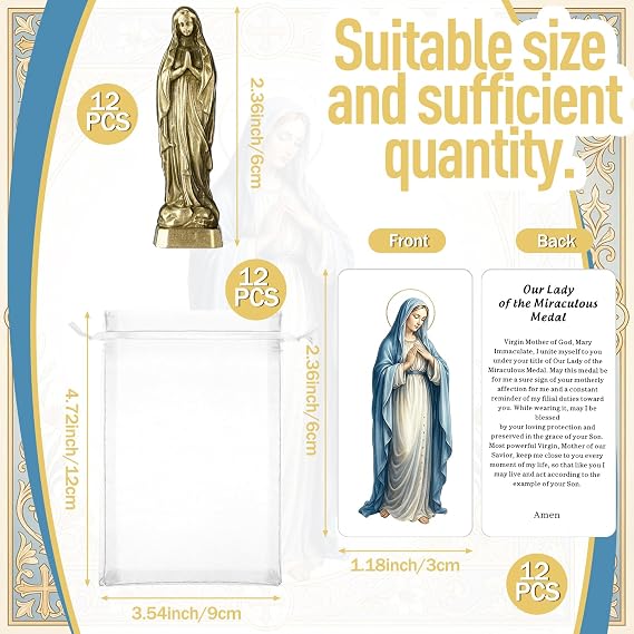 Bucherry 12 Set Virgin Mary Statue with Prayer Card Mini Catholic Statues Metal Mary Statue Catholic Recuerditos De Bautizo Religious Figurine Statues 2.36 Inch Portable Gifts Baptism Favors