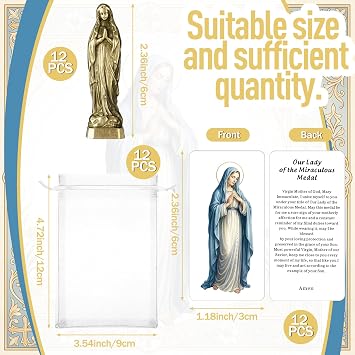 Bucherry 12 Set Virgin Mary Statue with Prayer Card Mini Catholic Statues Metal Mary Statue Catholic Recuerditos De Bautizo Religious Figurine Statues 2.36 Inch Portable Gifts Baptism Favors