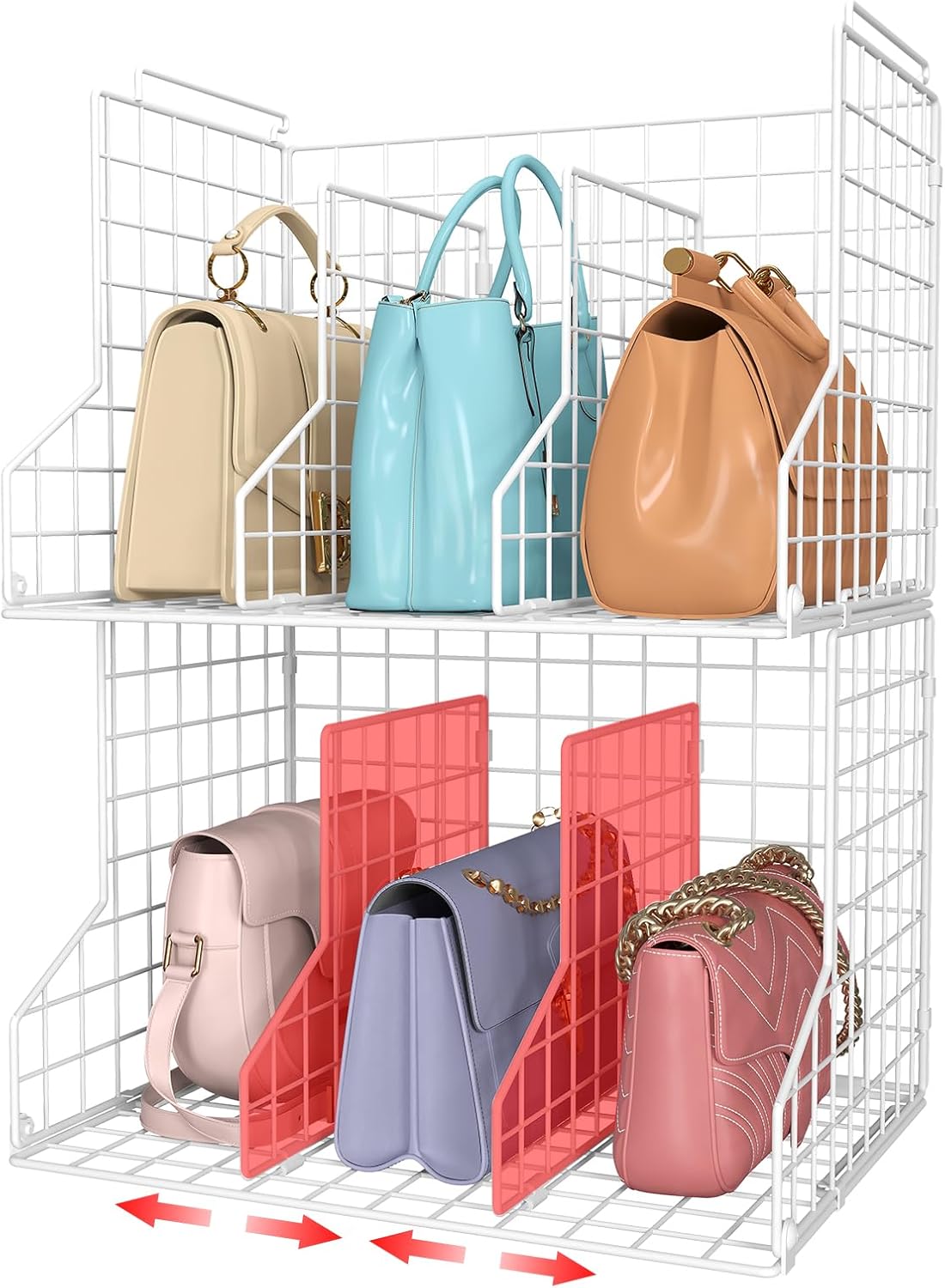 Purse Storage Organizer for Closet : Adjustable 2-Pack Dividers Handbag Organizer – Stackable Wire Handbags Storage Baskets -Open Cabinets Wallets Tote Chain Bags Clutches -White Purse Storage Organizer for Closet : Adjustable 2-Pack Dividers Handbag Organizer – Stackable Wire Handbags Storage Baskets -Open Cabinets Wallets Tote Chain Bags Clutches -White