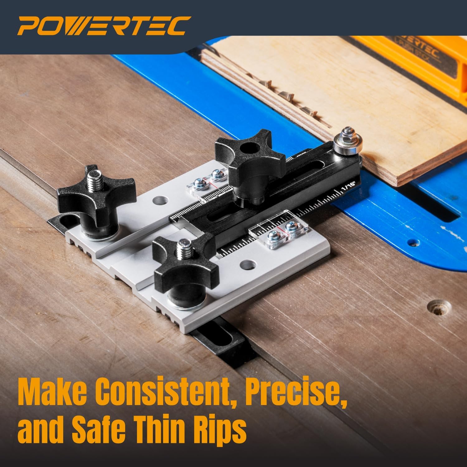 POWERTEC Thin Rip Jig for Table Saw - Sliding Guide for Accurate Ripping & Safe Operation, Fits Standard Miter Slots & T-Tracks, Woodworking Thin Rip Guide for Power Tool Accessories (71972)