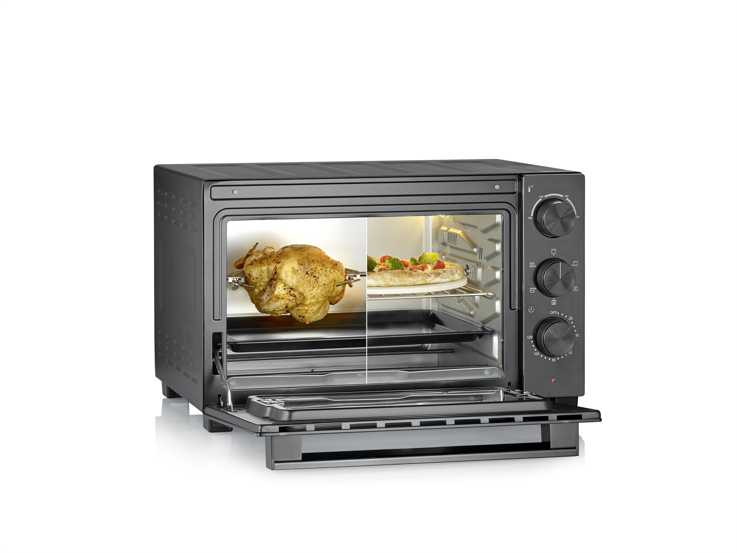 Severin Horno tostador con convección, con asador para carne, horno de convección versátil, capacidad de 30 litros, horno de sobremesa, 100-230 °C, temporizador de 120 minutos, 1600 W, negro, TO 9020