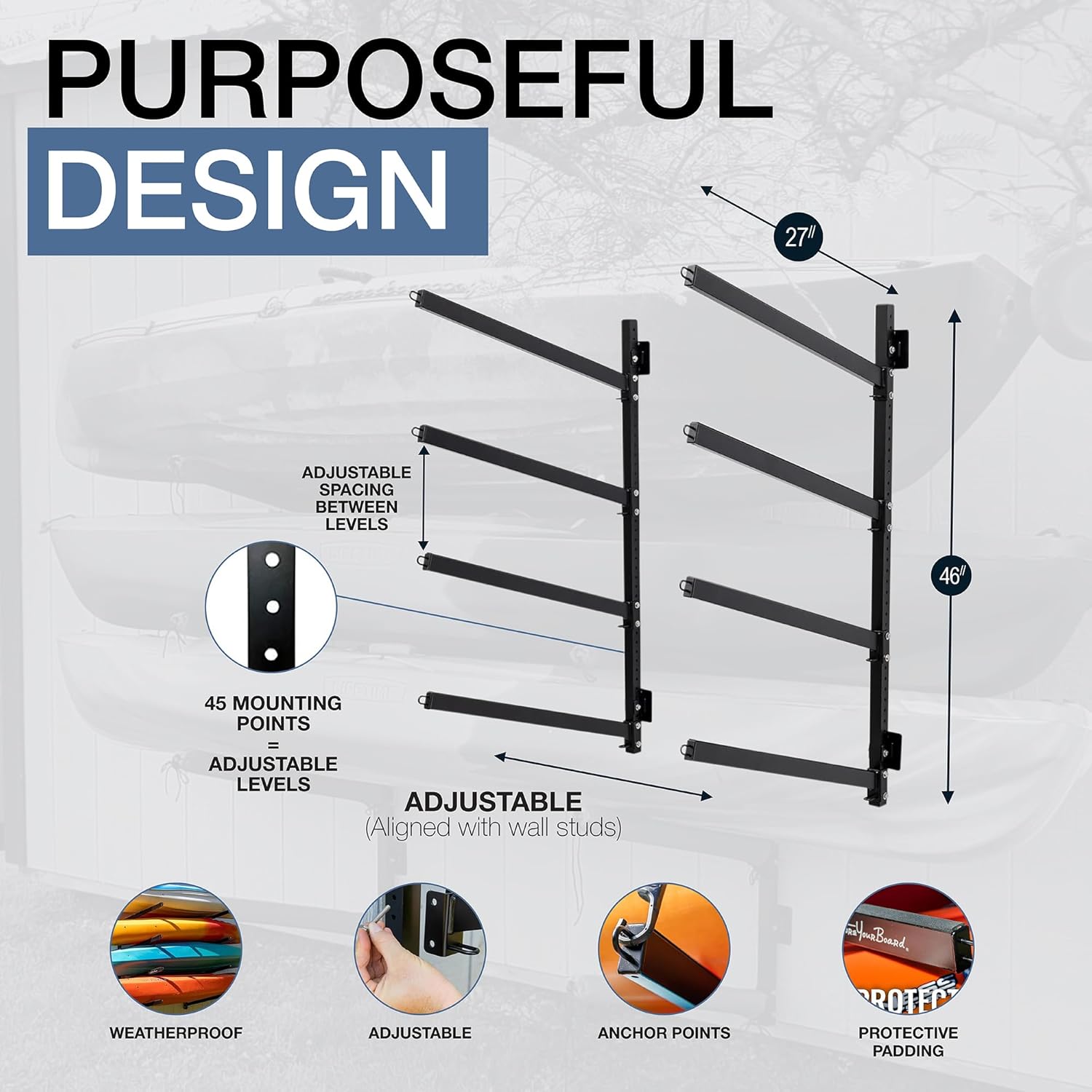 StoreYourBoard Outdoor Standup Paddleboard Rack, Wall Mount, Holds 400 lbs, Adjustable Storage Stand, Heavy-duty Metal Organizer