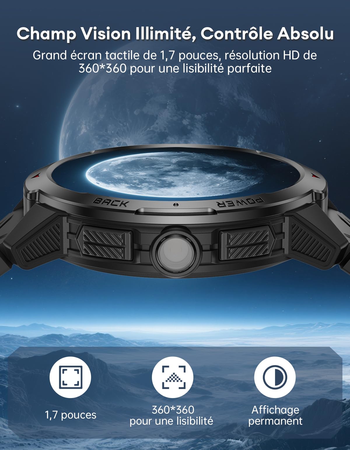 Montre Connectée Hommeb - Batterie de 1100mAh/30 Jours, 1,7'' Smartwatch Militaire avec Torche/Boussole/3ATM Étanche/Cardiofrequencemetre/SpO2/Sommeil/Podometre pour Android iOS, Noir