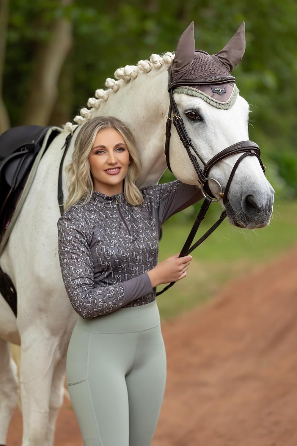 LeMieux Loire Ear Bonnet - Signature Metal Embossed Motif - Recycled Crochet - Satin Fabric Front - Soft Stretch Ears - Jay Blue - Medium