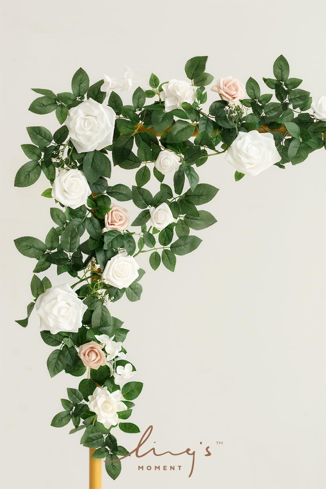 Ling's Moment 5FT weiße künstliche Blume Girlande gefälschte Rose grüne Blätter Blumen Girlande Bogen Blumen Rebe für Hochzeit Party Hintergrund Dekor Kaminsims Home Tisch