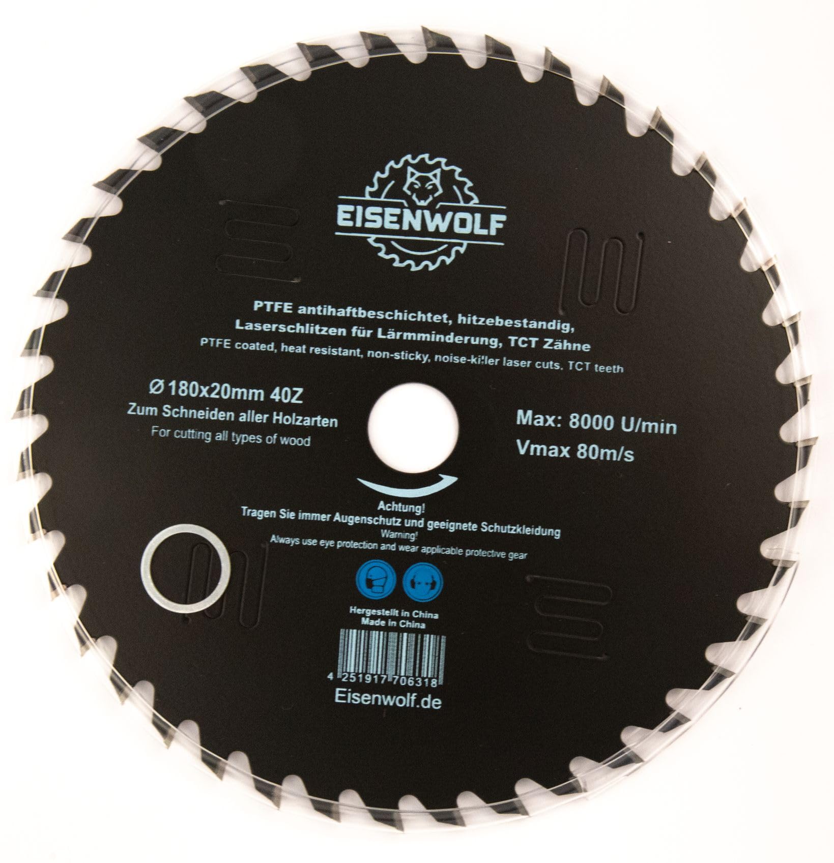 Eisenwolf 180x20 mm lama circolare sottile per legno completamente temprata e tensionata, resistente e durevole, con 40 denti TCT inclinati e tagli laser per la riduzione del rumore