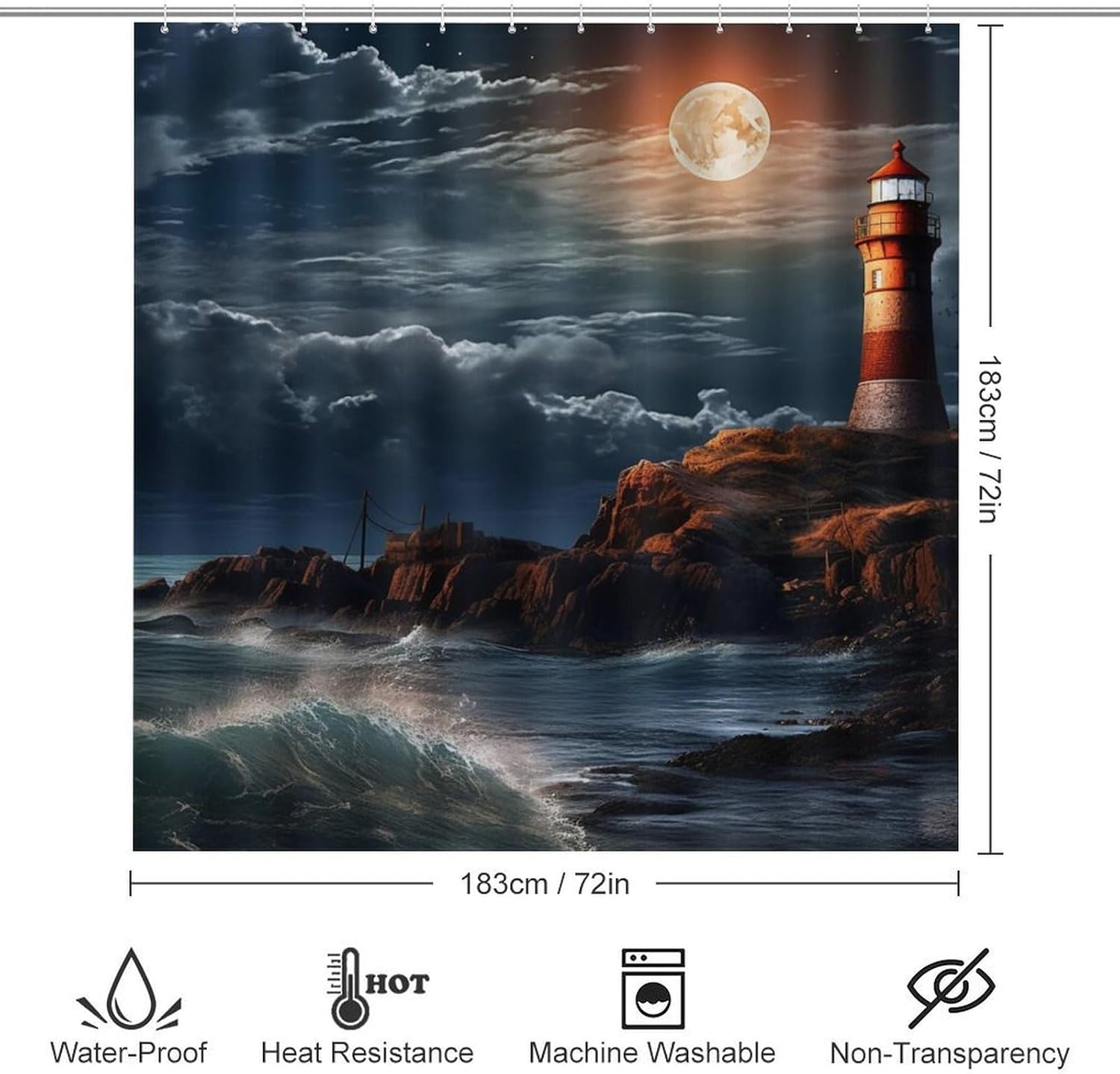 4-Piece Lighthouse Shower Curtain Set with Bathtub Mat & Toilet Mat, Nautical Theme Shower Curtain, Toilet Cover & 12 Hooks, Coastal Ocean Waves Bathroom Decor