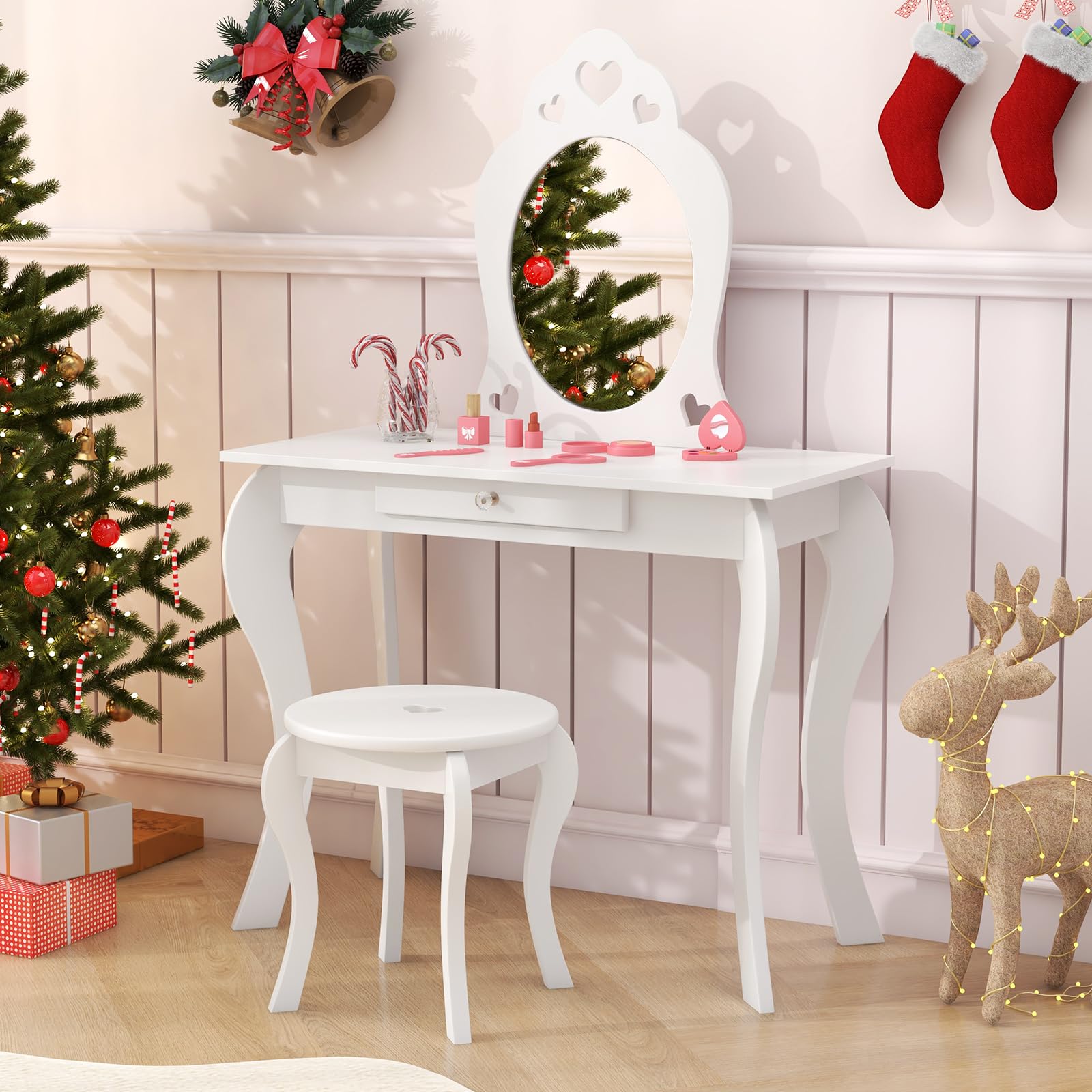 DREAMADE Schminktisch Kinder mit Hocker und Abnehmbarer Spiegel, Prinzessin Frisiertisch aus Holz mit Antikipp-Schutz, Kinderschminktisch für Kinder Mädchen (Weiß)