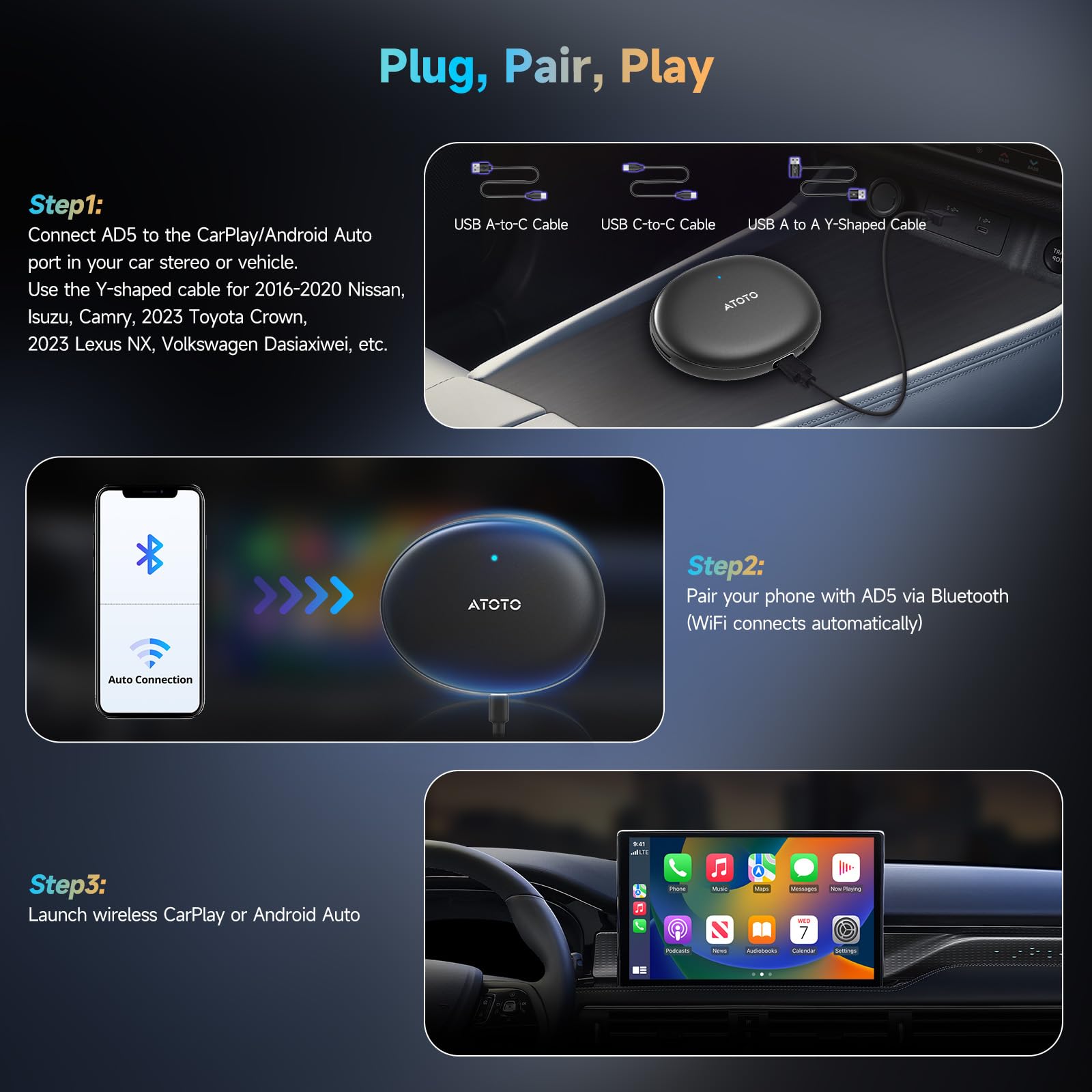 Amazon.com: ATOTOZONE AD5 Wireless CarPlay Adapter & Android