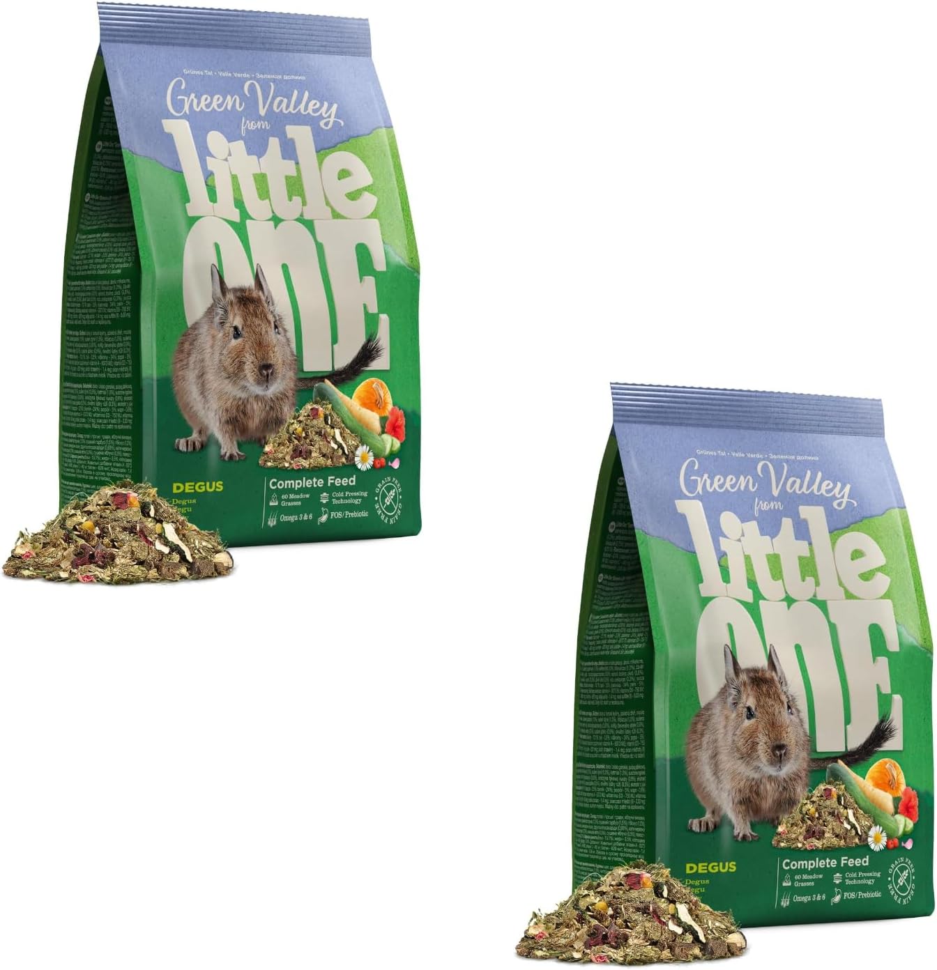Little One Green Valley Degus | Dubbel Pakket | 2 x 750 g | Vezelrijk voer voor Degoes | Huisdiervoer bestaande uit 60 verschillende weidegrassen en -kruiden | Koudgeperst