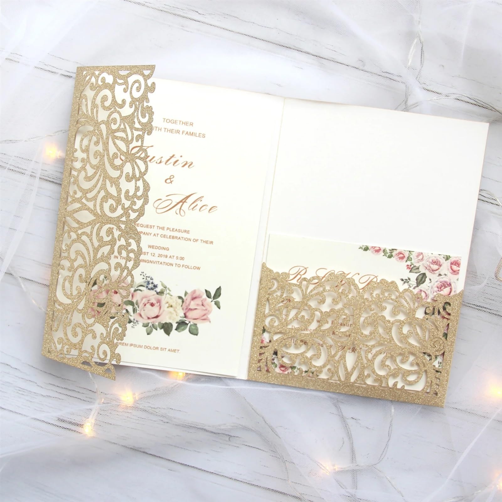 Hochzeitseinladungen Karte Drucken Sie benutzerdefinierte, lasergeschnittene Hochzeitseinladungskarten mit glitzerndem Einladungsset und dreifach gefalteten Tascheneinladungen mit Umschlag Hochzeitska