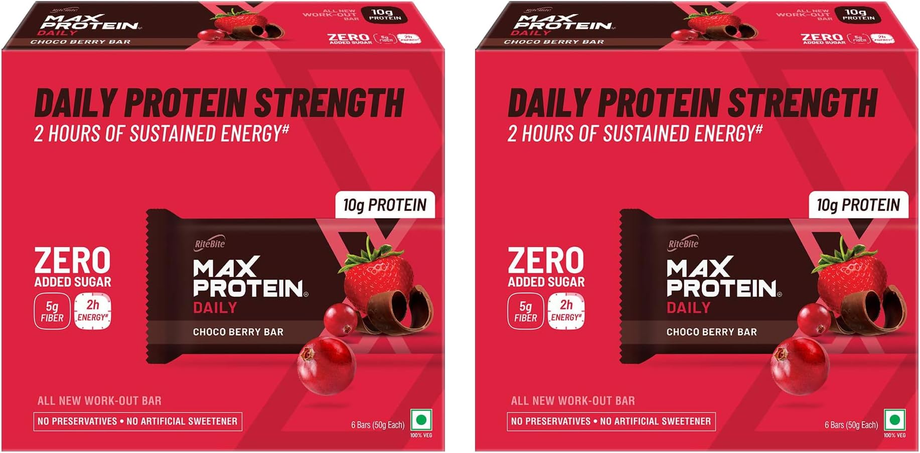 RiteBite Max Protein Daily Choco Berry 10Gm Protein Bars [Pack Of 12] Protein Blend, Fiber, Vitamins & Minerals, 100% Veg, No Added Sugar, For Energy, Fitness & Immunity - 300Gram