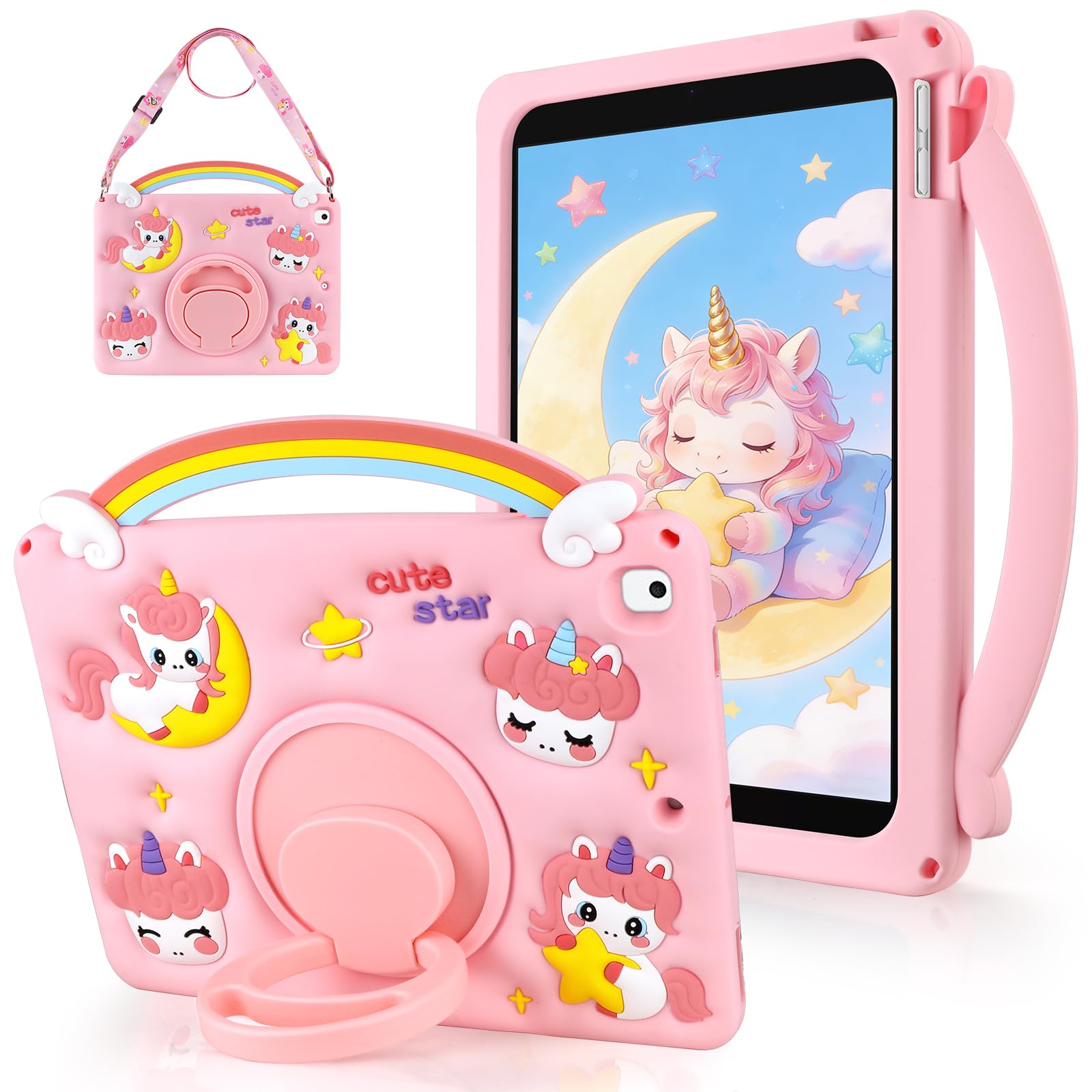 Photo 1 of WESADN for iPad 9th Generation Case 10.2 inch for iPad 8th 7th Gen Case 2021 Girls Kids Women Cute Cartoon Rainbow Unicorn Tablet Cover with Strap Rotating Stand Handle for iPad 10.2 Cases, Pink