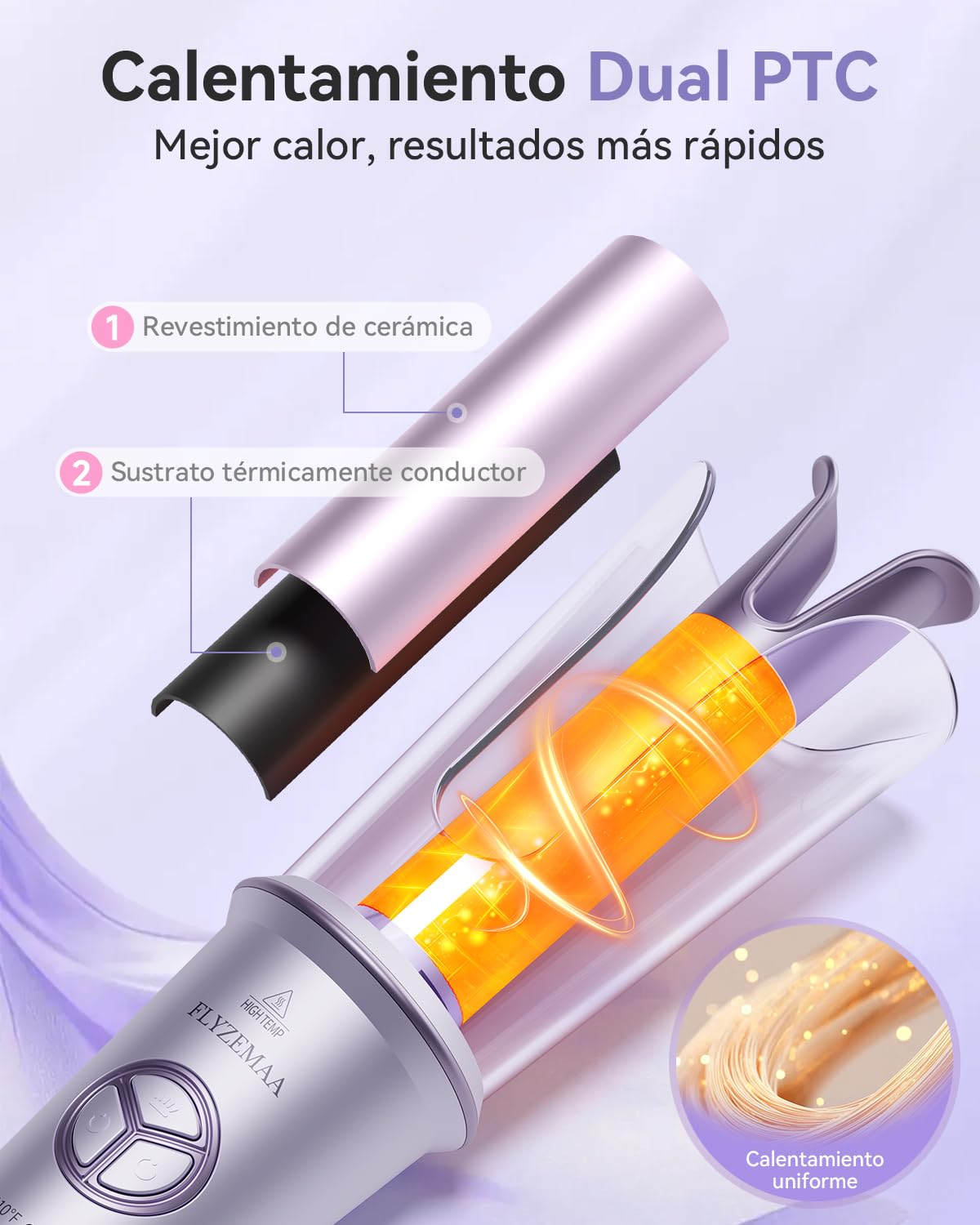 Rizador de Pelo Automático Cerámico de 25mm para Cabello Largo, 4 Temperaturas Ajustables, Protección Anti-Quemaduras, Calentamiento Rápido, Doble Voltaje Portátil