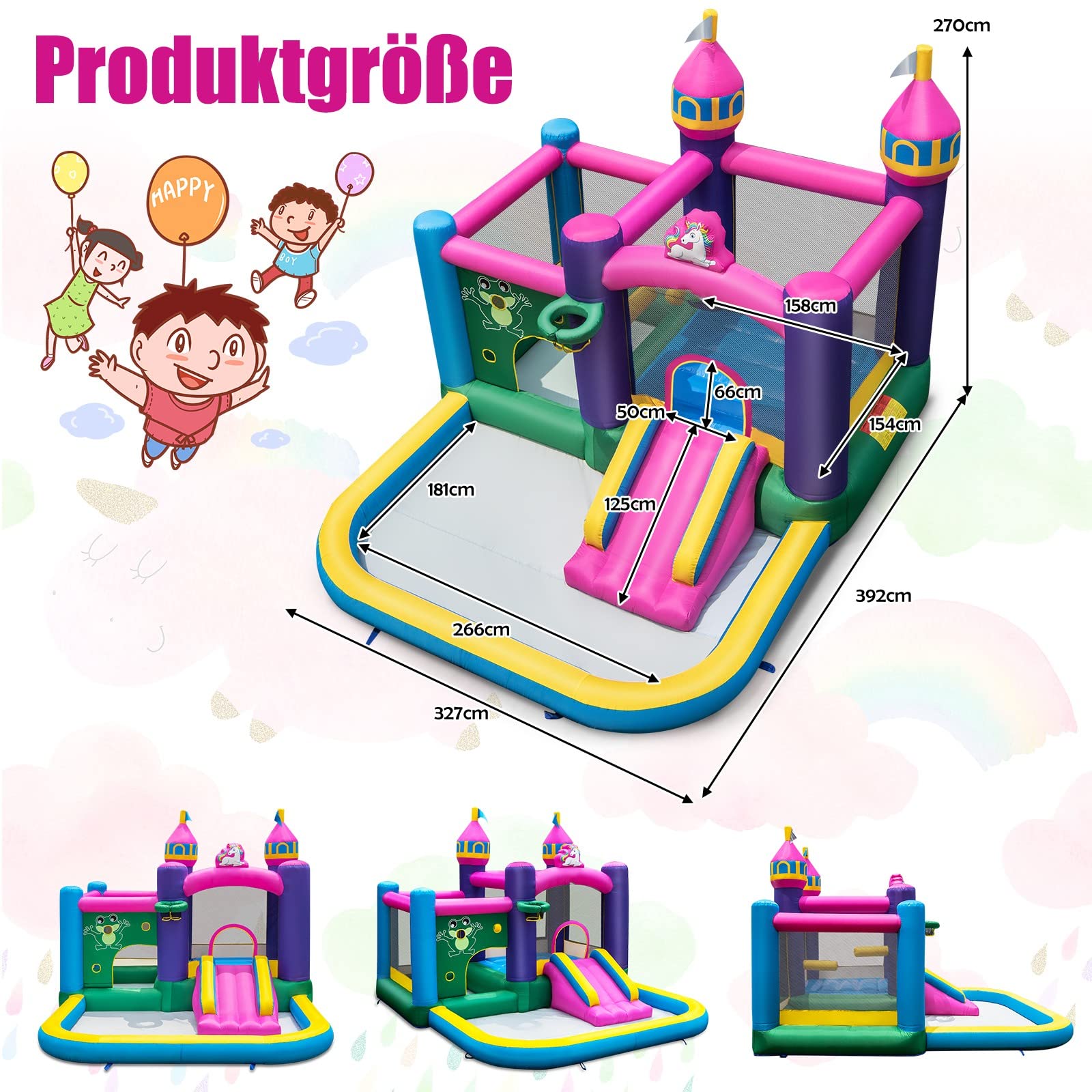 DREAMADE Einhorn Aufblasbare Hüpfburg mit 680 W Gebläse, Wasserpark mit Planschbecken & Rutsche & Springbereich, Spielburg mit Reparaturset & Tragetasche, Hüpfschloss 390 X 330 X 270 cm (mit Gebläse)