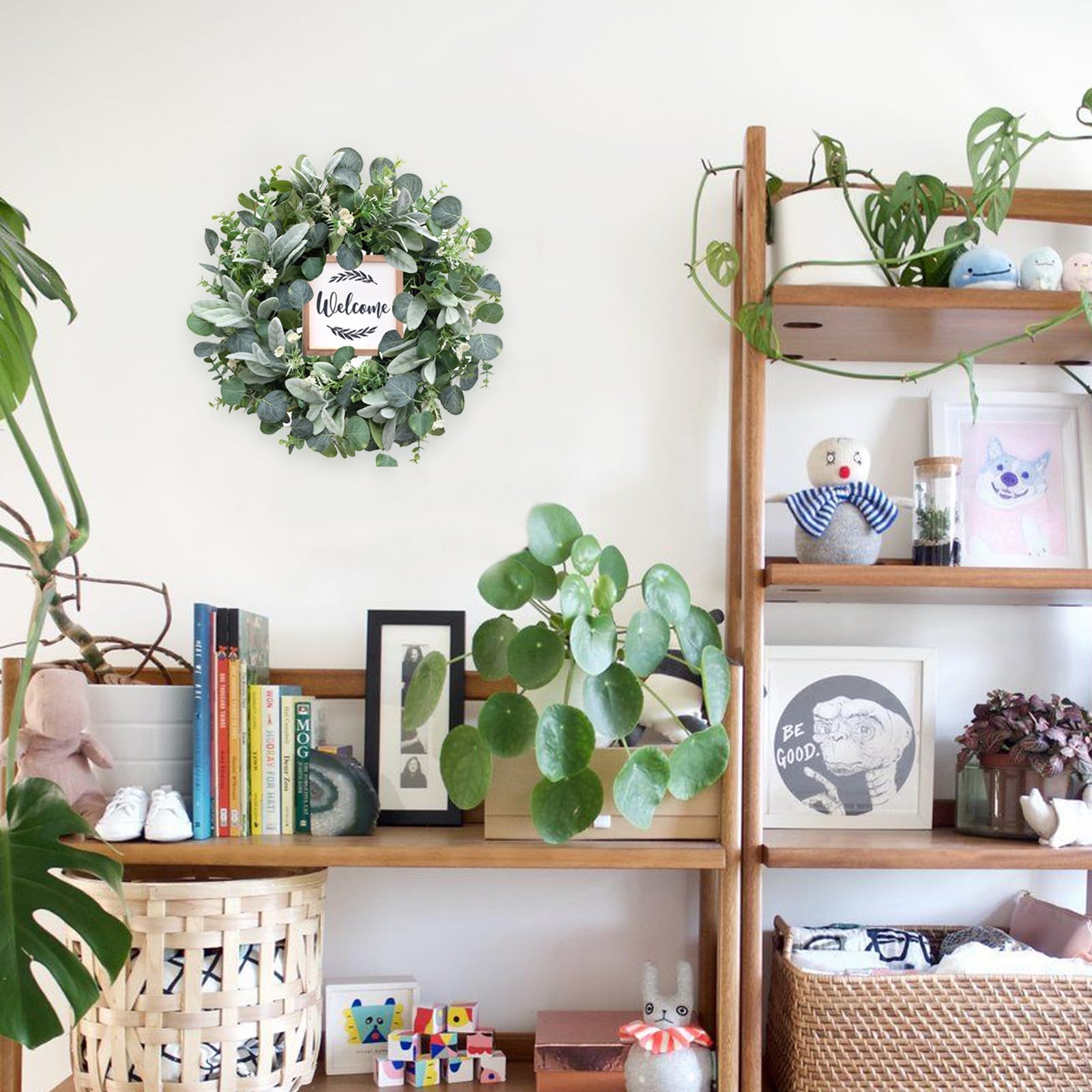 Bibelot Green Artificial Eucalyptus Wreath for Front Door, 18â€? Spring Summer Wreath with Welcome Sign for Inside and Outside Festival Porch Farmhouse Decor