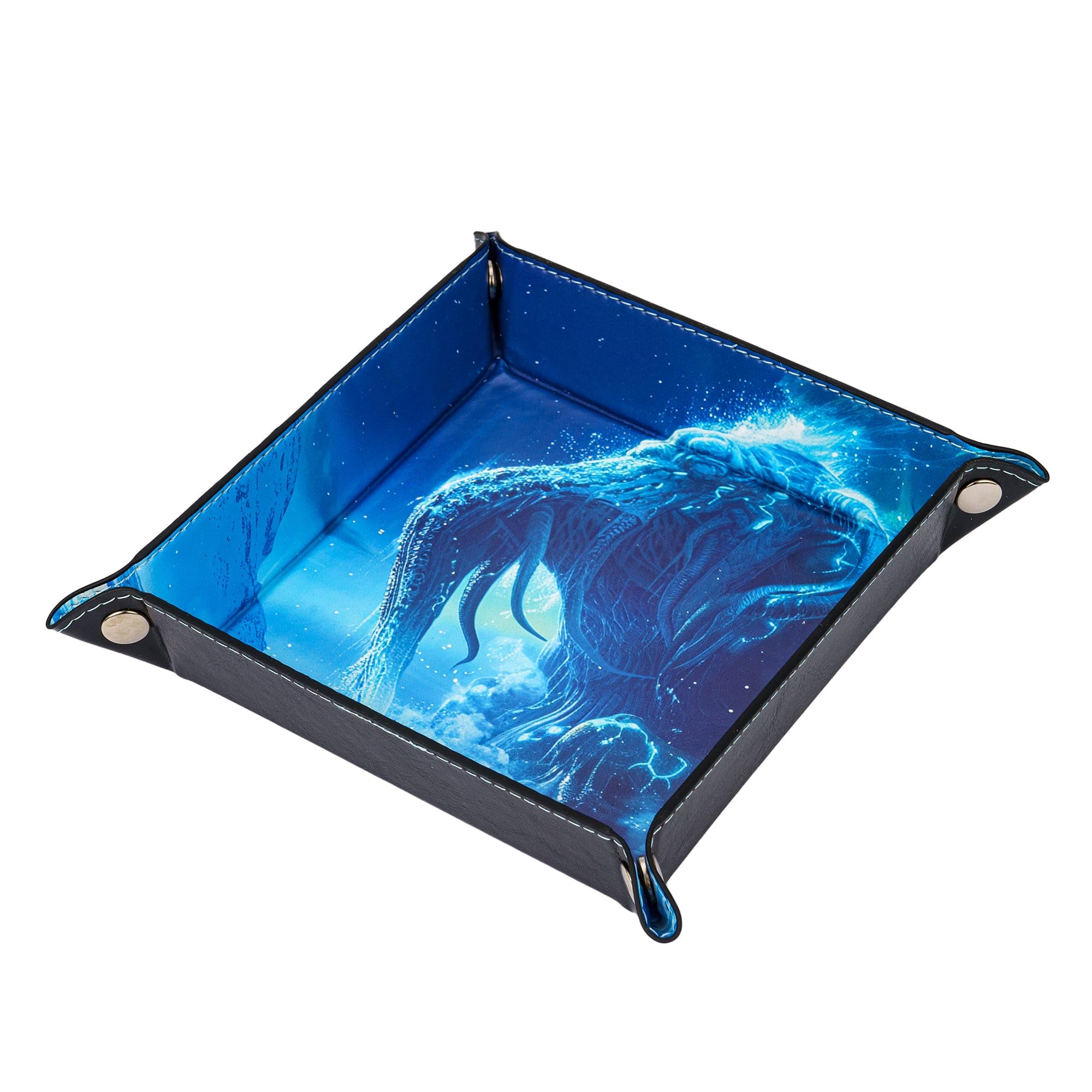 Cusdie PU Leather Dice Tray Square Tray for Dice Rolling and Storing Small Items - Cthulhu Design, Blue Cthulhu
