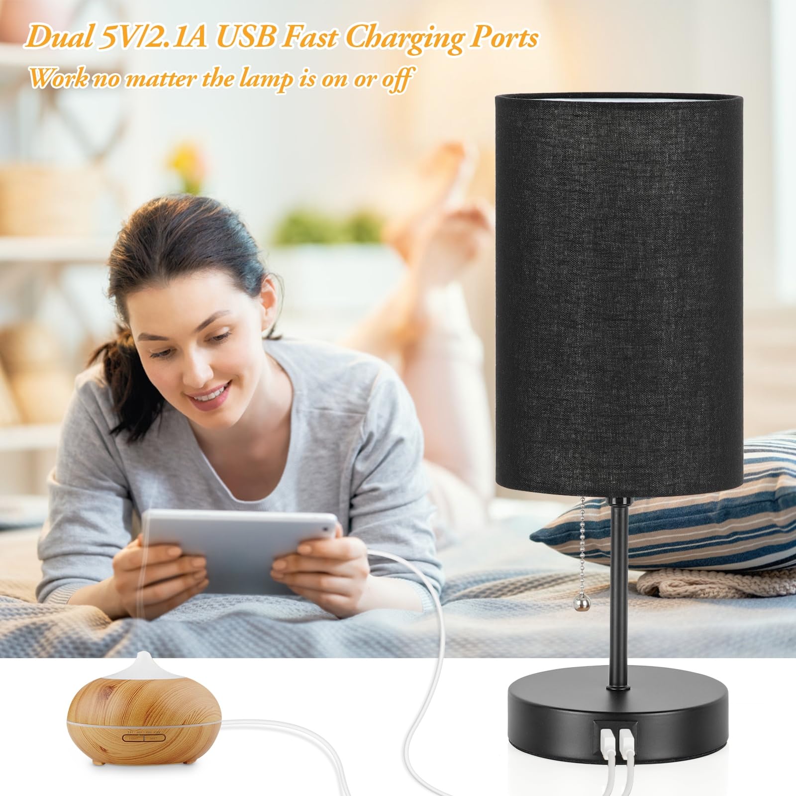 2er Set Tischlampen mit 2 USB-Anschlüssen, Nachttischlampen für Schlafzimmer, Moderne Nachttischlampen mit Zugkette, Minimalistische Schreibtischlampen mit schwarzem Stoffschirm und Metallsockel für