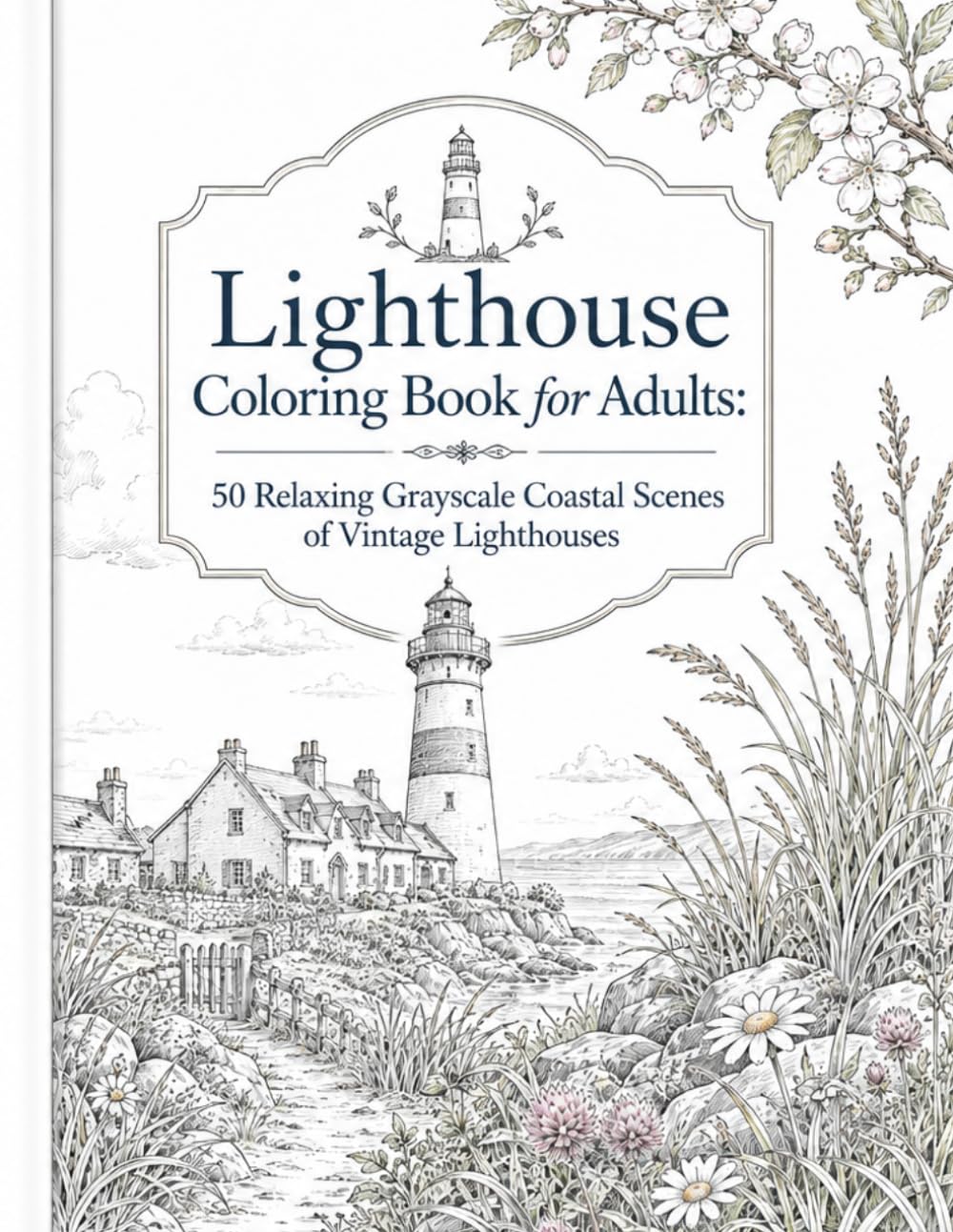 Lighthouse Coloring Book for Adults: 50 Relaxing Grayscale Coastal Scenes
