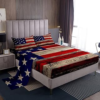 Kids American Flag Bed Sheet Set Queen Size,Brown Wooden Board Country Retro Bedding Set for Children Adult Bedroom Xmas Present,Farmhouse Natural Bedding (1 Fitted,1 Flat,2 Pillowcases), Microfiber
