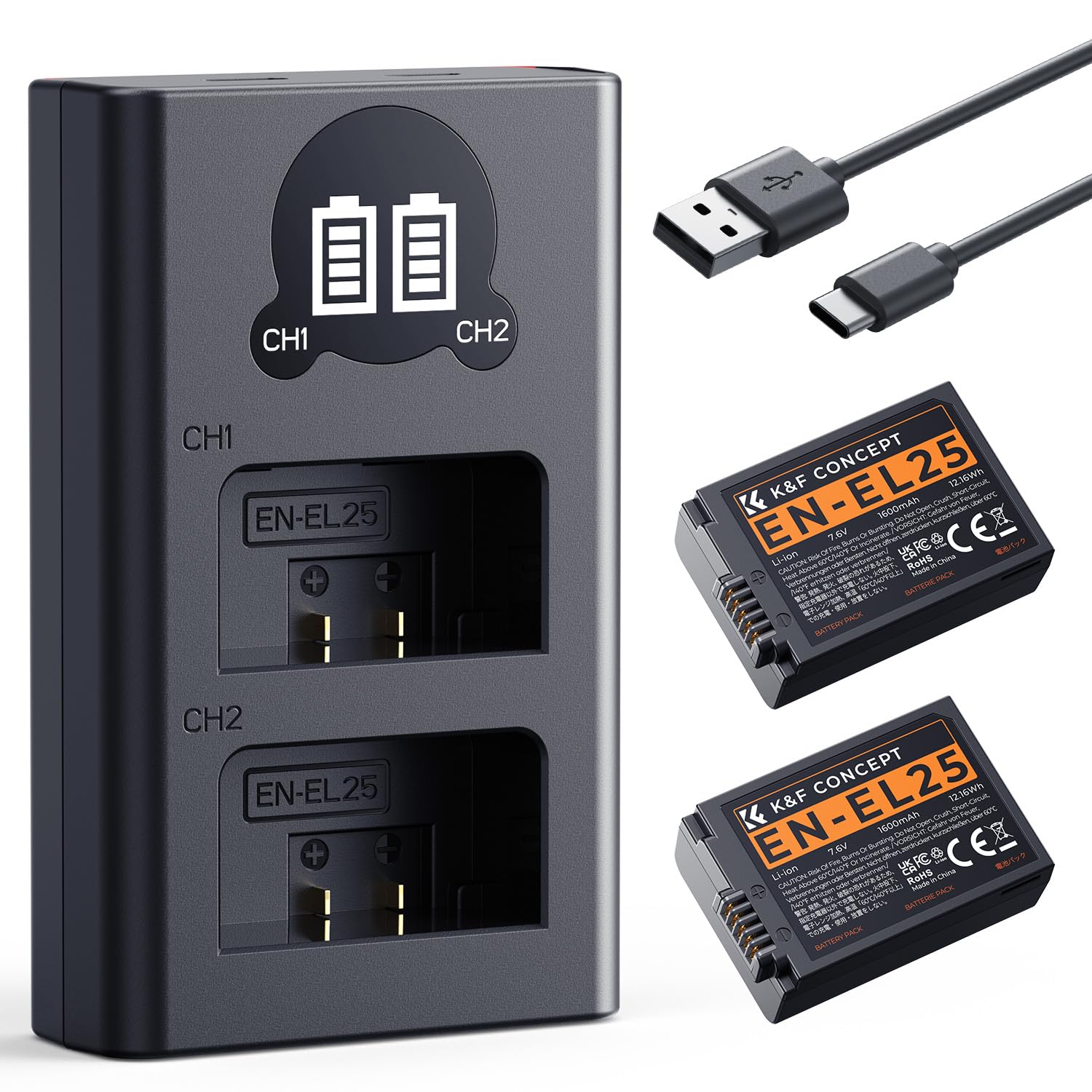 K&F CONCEPT EN-EL25 1350mAh 2 Pack Batería Compatible con Nikon Z50 II, Z30, Z50, Zfc de Repuesto para Cámara y Cargador de Doble Ranura para Monitor LCD