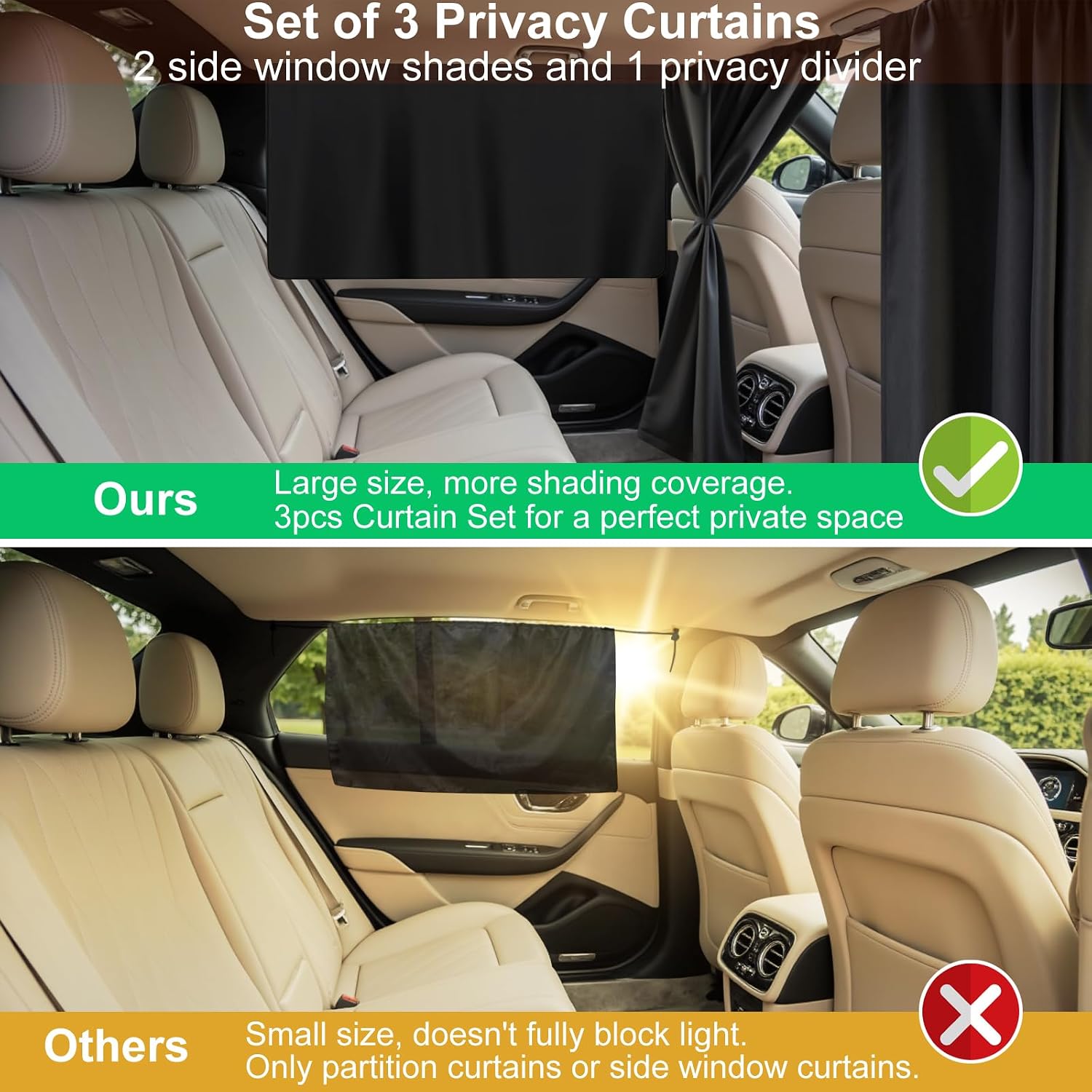 Set of 3 Car Window Shades, 1 Rear Seat Divider Curtain & 2 Rear Side Window Sun Shades, 95% Light Blocking Car Window Covers Privacy Protection Curtains for Breastfeeding,Taking a nap,Camping,