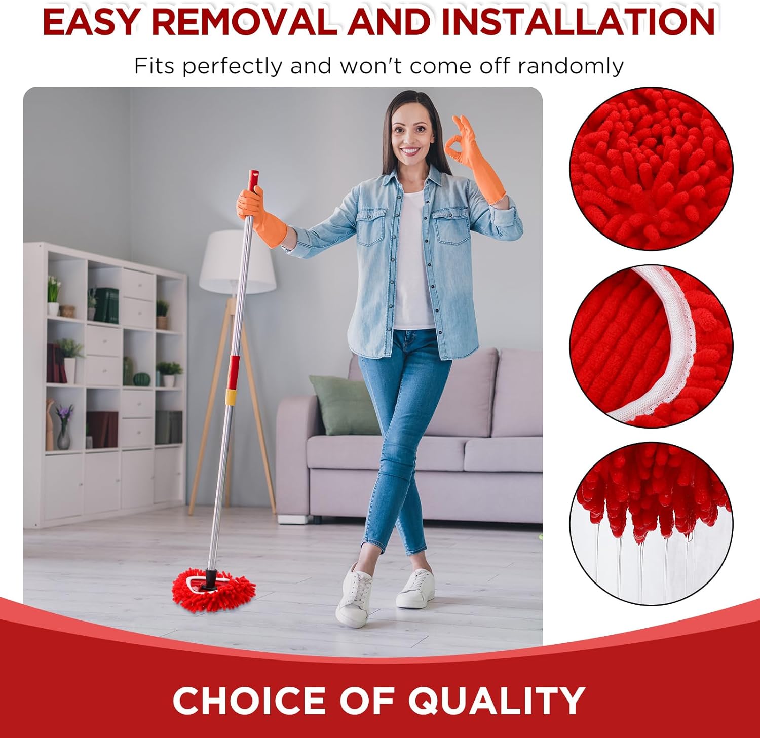 Baderke 3 Pack Chenille Mop Heads Replacements Compatible with 1 Tank System Chenille Duster Replacement Heads Microfiber Spin Mop Refill Pads Reusable Dust Refills for Floor Cleaning (Red)