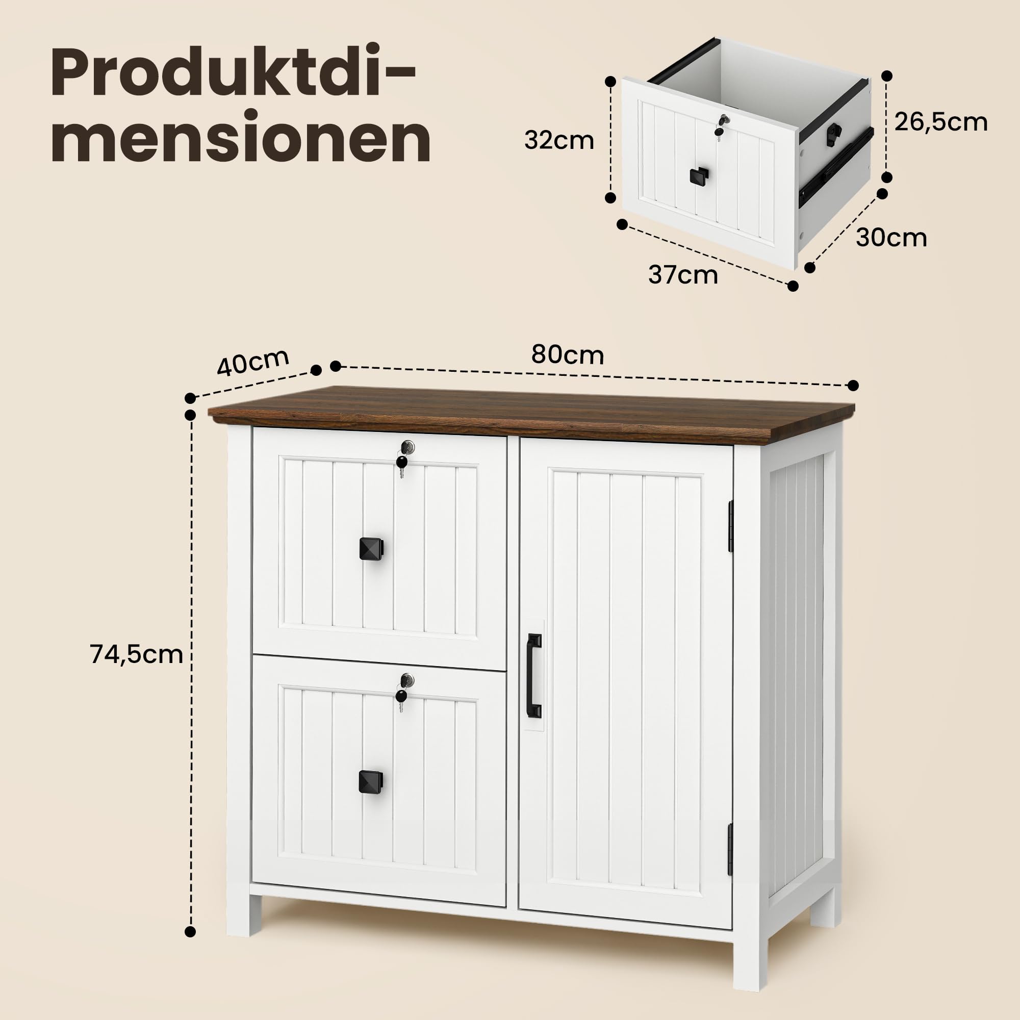Pamapic Aktenschrank Holz Abschließbar mit 2 Schubladen, Büroschrank für Formate Letter/Legal/A4, Büromöbel mit Verstellbaren Einlegeböden & 1 Großer Schrank, Druckerständer, Weiß