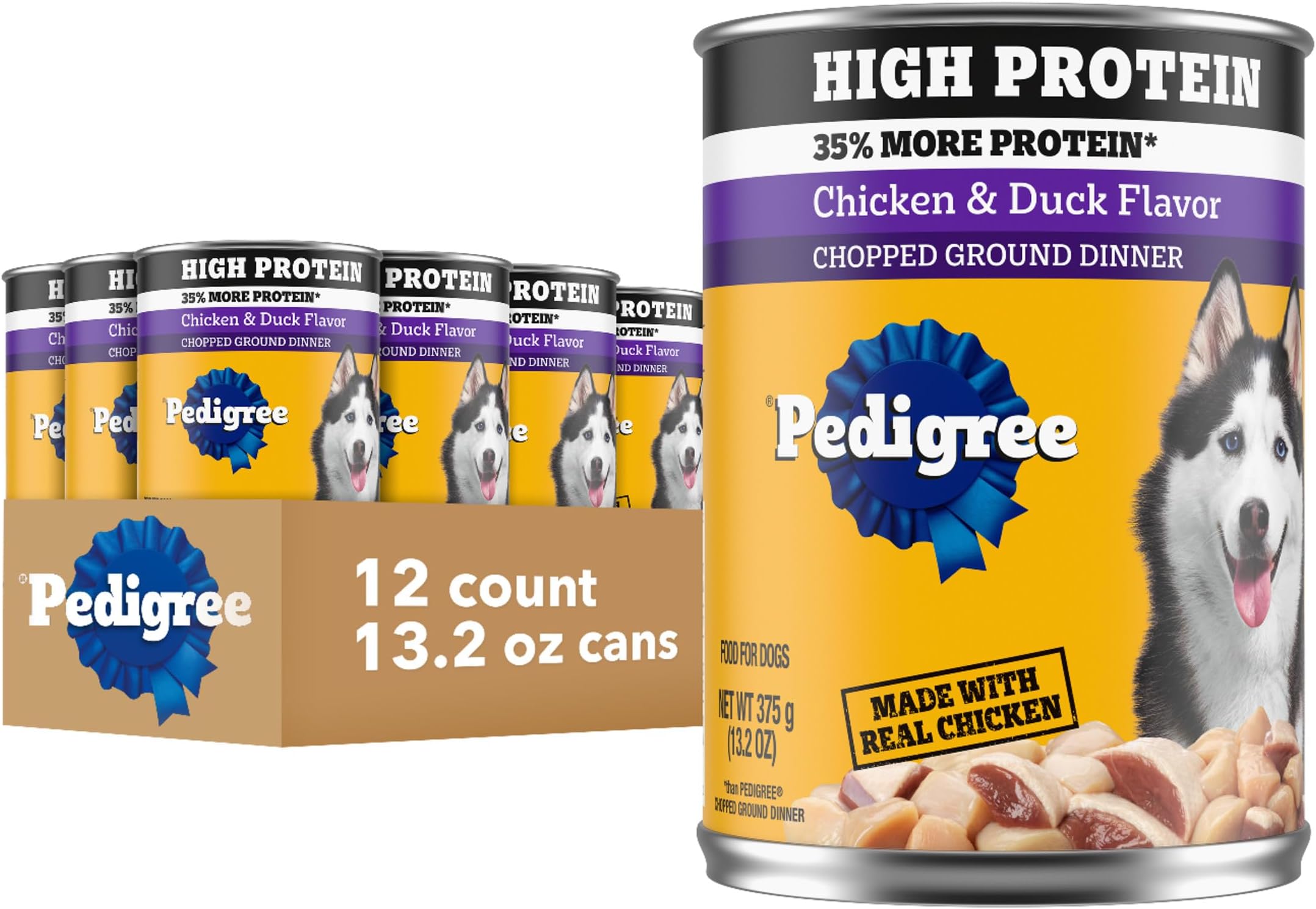 Pedigree High Protein Wet Dog Food, Adult Soft Canned Dog Food, Chicken & Duck Flavor, 13.2 oz. Cans, 12 Count