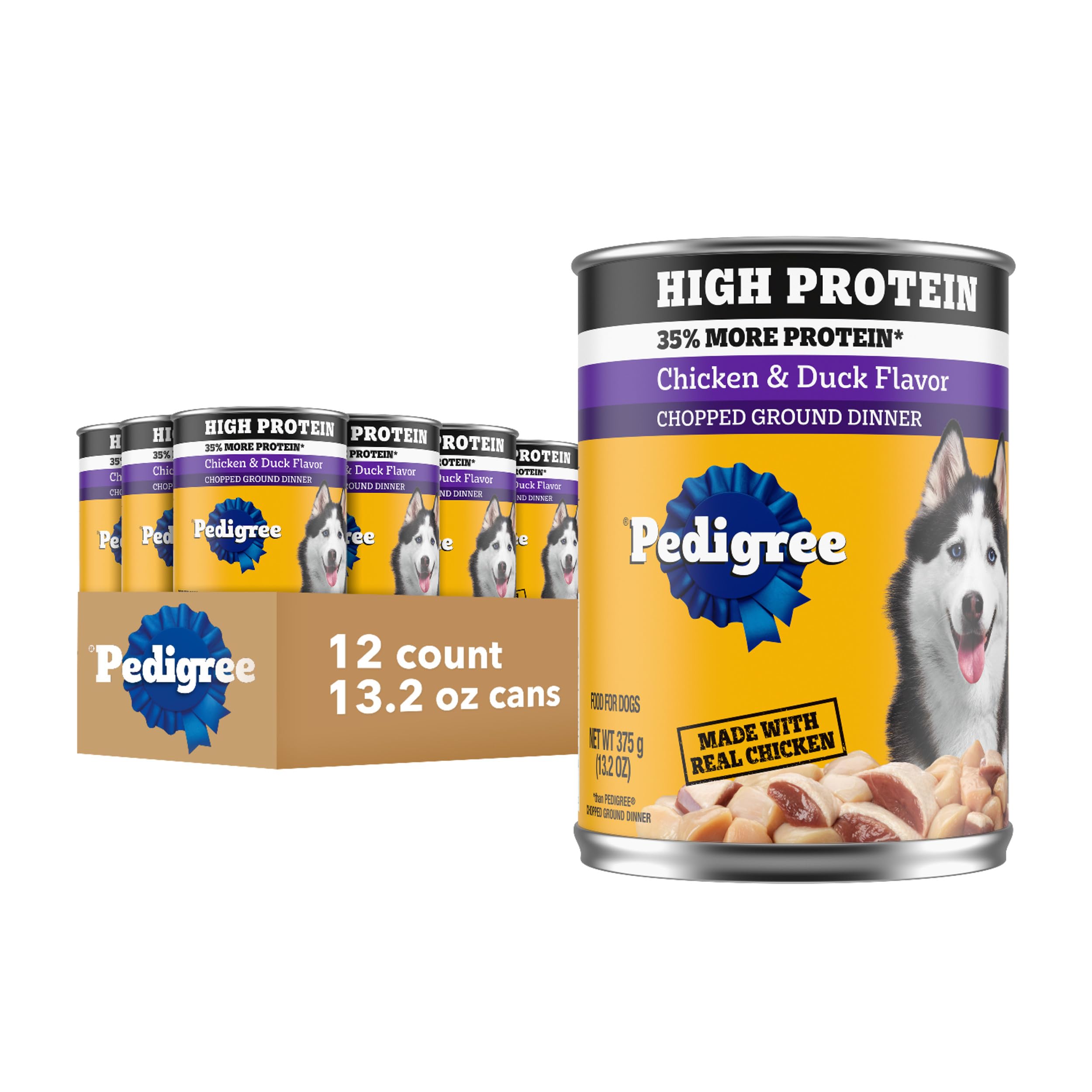 Pedigree High Protein Wet Dog Food, Adult Soft Canned Dog Food, Chicken & Duck Flavor, 13.2 oz. Cans, 12 Count