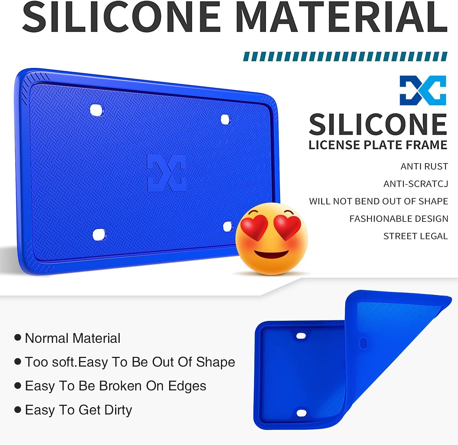 XCLPF Silicone Blue License Plate Frame Covers 2 Pack- Front and Back Car Plate Bracket Holders. Rust-Proof, Rattle-Proof, Weather-Proof (Blue) - Image 2