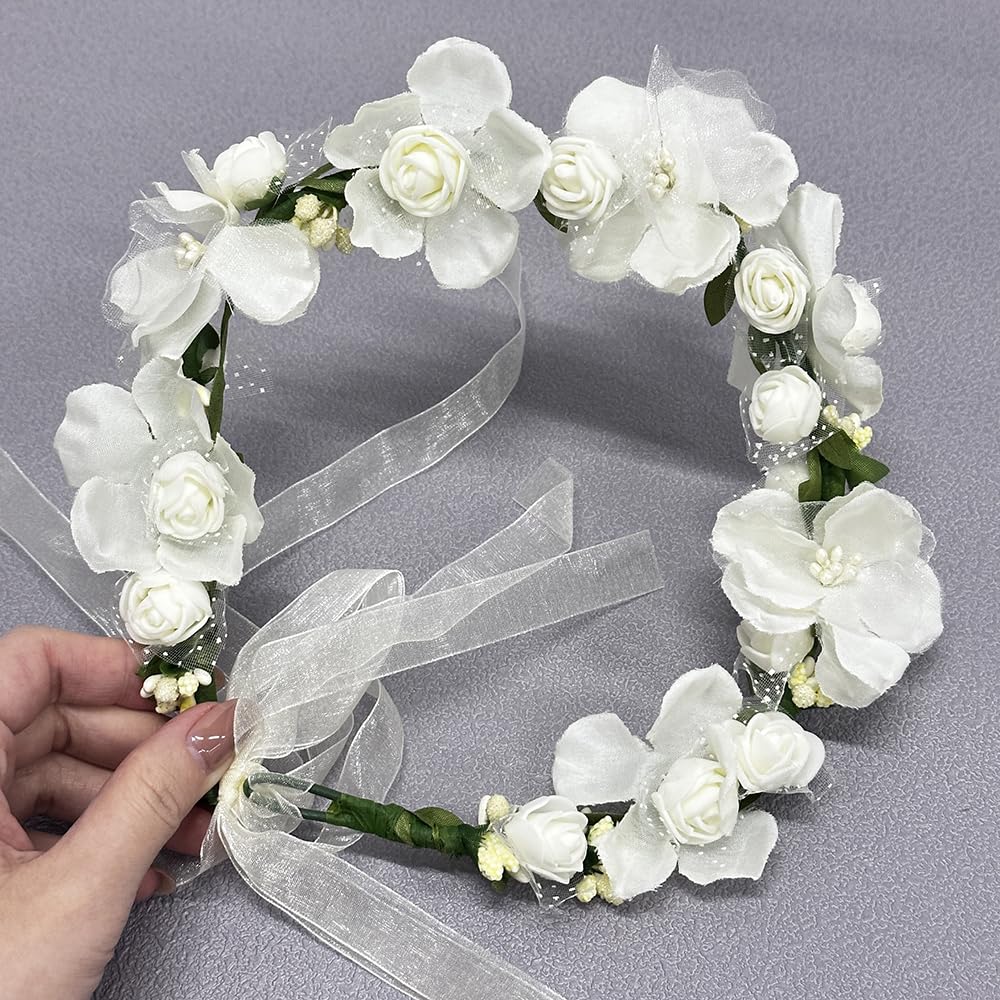 Flower Branch Tiara Crown Headband for Women Cute Fabric Cherry Rose Floral Leaves Hair Accessories Dainty Wedding FlowerGirls Page Boy Flower Wreath Adjustable Ribbon Jewelry(White) - Image 4