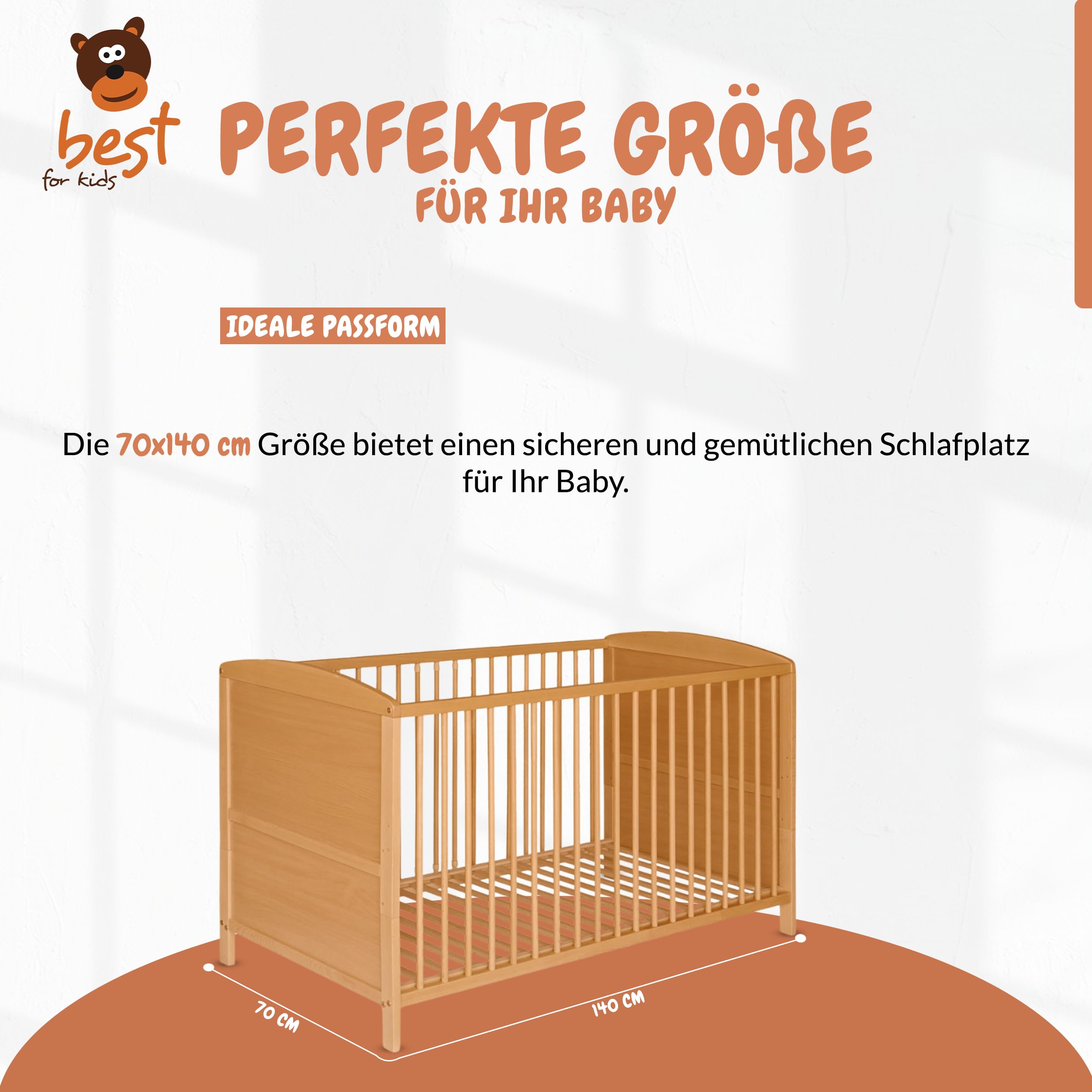 Best For Kids – Babybett 70x140 cm in Braun | Junior Bett Umbaubar | Cot ohne Matratze | Natur Komplett Set Bebek Yatagi & Baby Cot | Babybett für Mädchen und Jungen