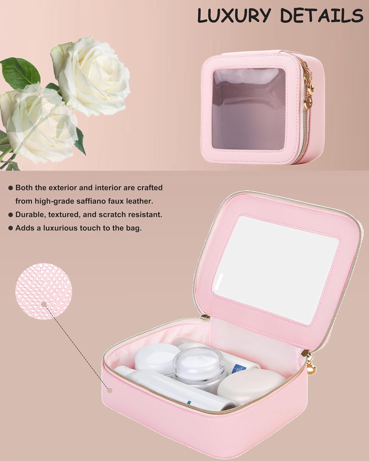 Small Clear Makeup Bag for Purse, Cute Mini Clear Cosmetic Bag Case Organizer, TSA Approved Square Small Makeup Case Pouch with Zipper, Car Travel Purse Essentials for Women (Pink, S)