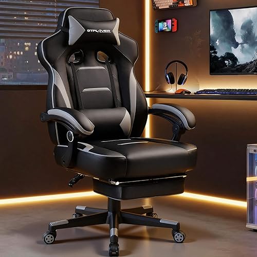 GTPLAYER Gaming Chair with Footrest, Big and Tall Computer Game Chair 350lb Racing Style, Ergonomic High Back Lumbar Support and Recliner, Moon Gray