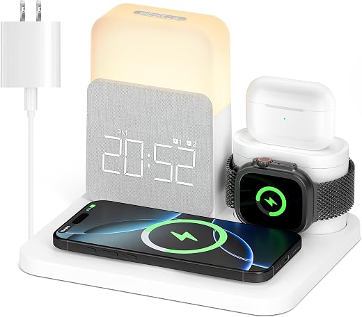 Alarm Clock with Wireless Charger for Bedrooms, 6 in 1 Wireless Charging Station, Magnetic Charger