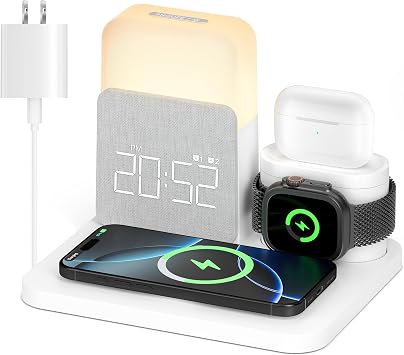 Alarm Clock with Wireless Charger for Bedrooms, 6 in 1 Wireless Charging Station, Magnetic Charger with Night Light Bedside Clock for iPhone 16 15 14 13 12 Pro Max, Apple Watch, AirPods