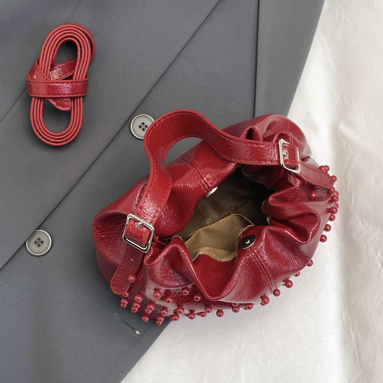 Bolso de piel sintética con cordón, bolso de mano con correa para el hombro,