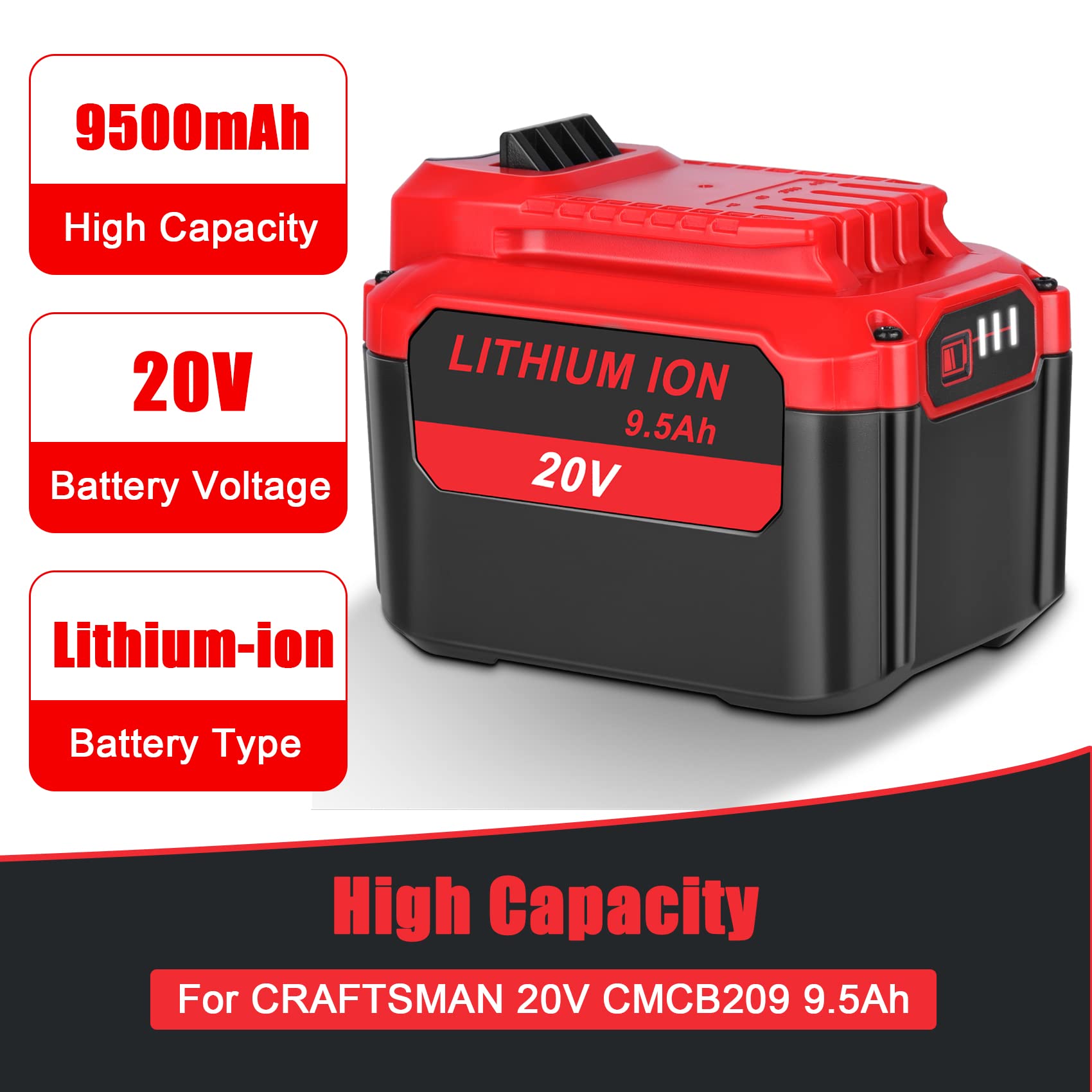 JYJZPB CMCB202 9.5Ah for Craftsman V20 Battery MAX Replacement CMCB209 CMCB204 CMCB204-2 CMCB202 CMCB201 for Craftsman 20V Series Battery Cordless Power Tools