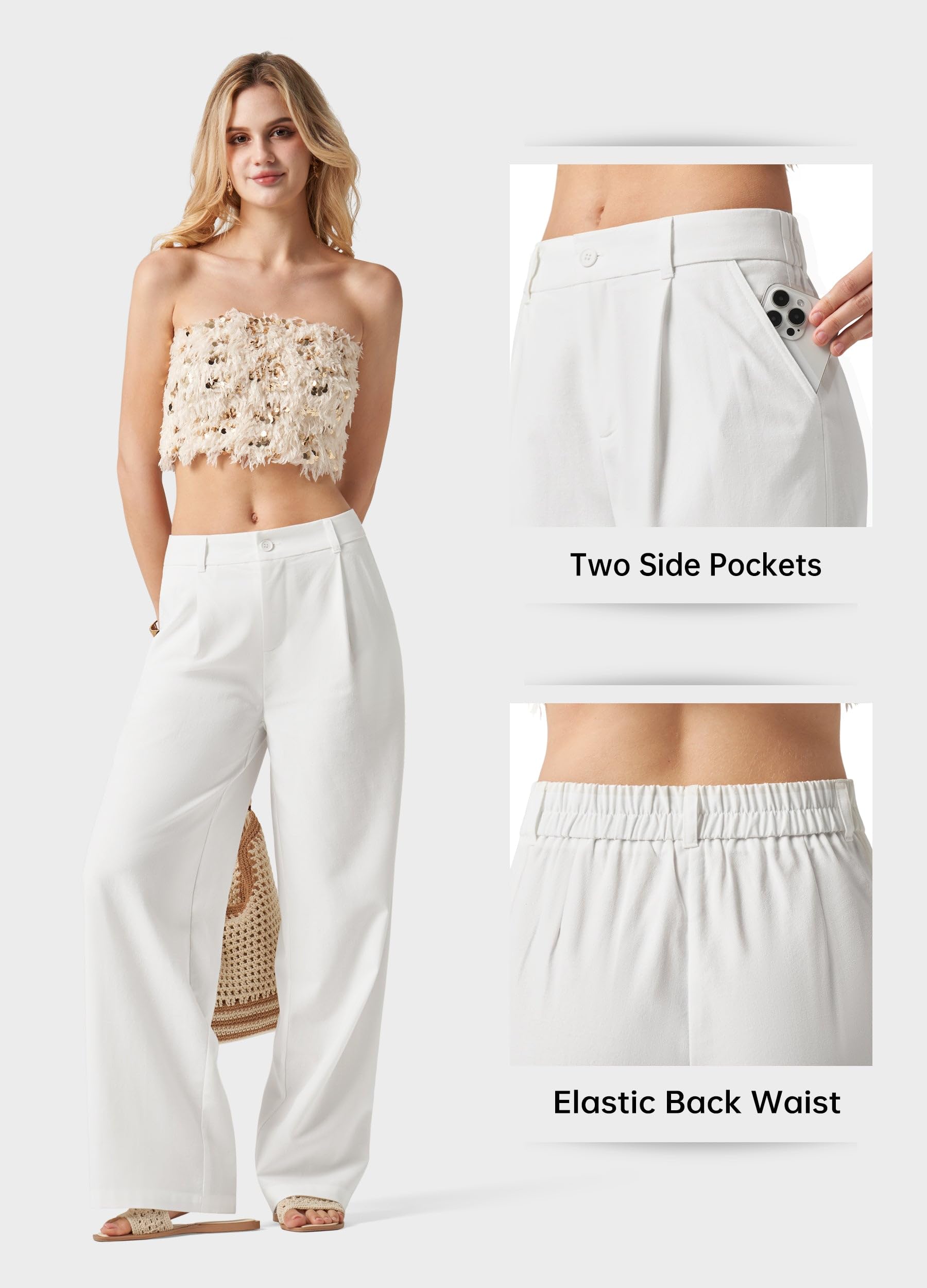 Willit Pantalones de lino para mujer, pantalones de vestir de pierna ancha, pantalones casuales de negocios con bolsillos