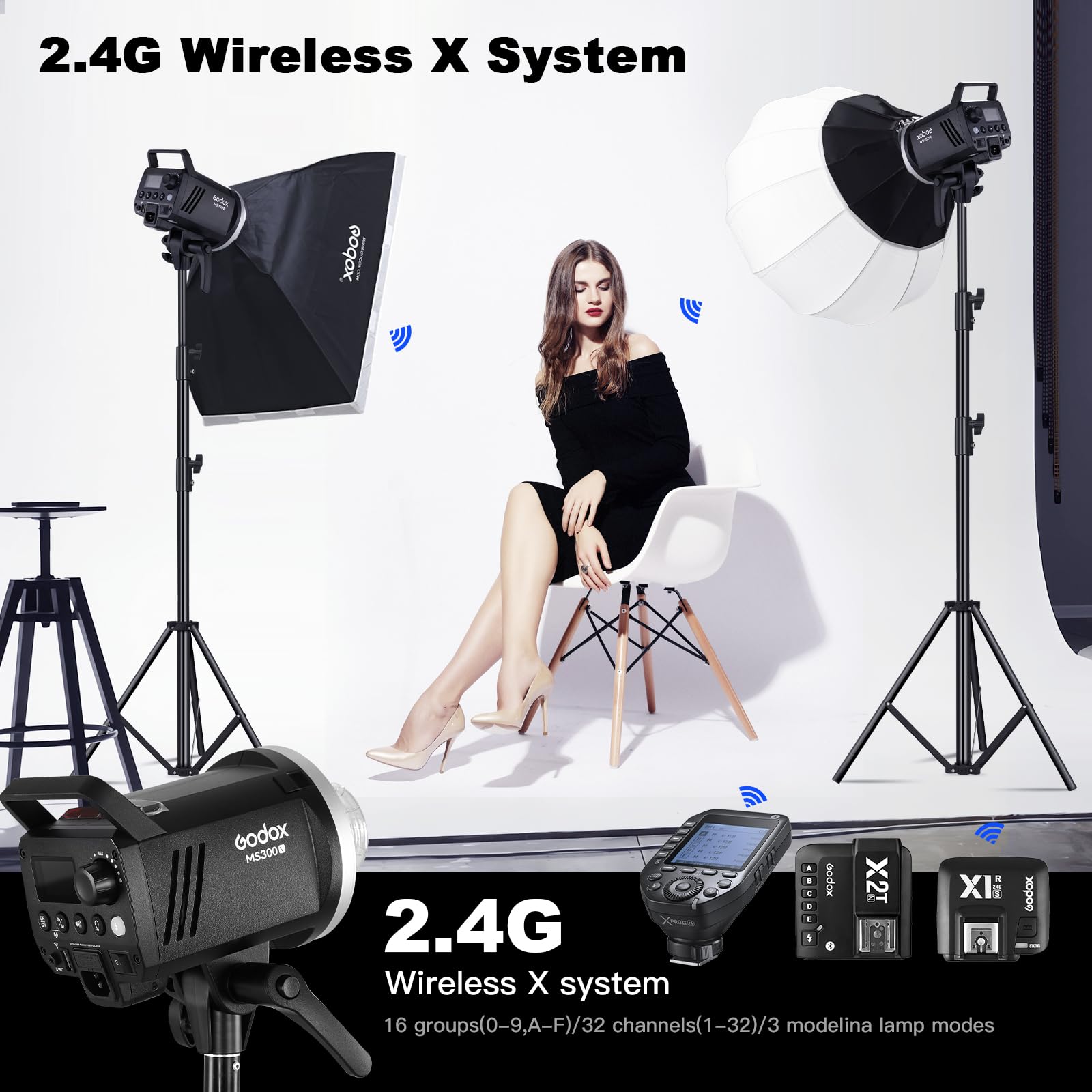 Godox MS300V Flash Studio Kit 5800K±200K Tiempo de Reciclaje de 0.1-1.8 s Sistema X Inalámbrico 2.4G con Reflector estándar Photoflash Monolito para fotografía de Estudio, Retrato y Comercial