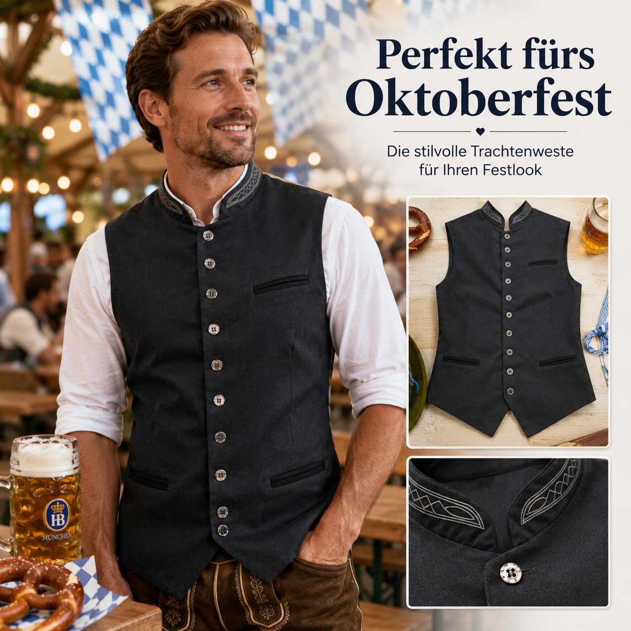 Generisch Trachtenweste Herren - Oktoberfest Ärmellos Trachten Weste Trachtenmode Gilet Große Größen Trachtengilet Elegant Anzugweste Edel Festanzug für Hochzeit Musik Anlass