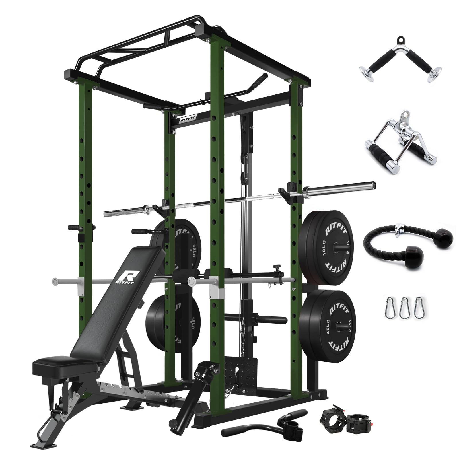 RitFit Squat Rack Power Cage Home Gym Package, Includes 1000LBS Power Rack with LAT Pull Down, Weight Bench, Rubber/Bumper Plates Set with Olympic Barbell (Package 1.9K (Bumper Plate 340LBS))-Green