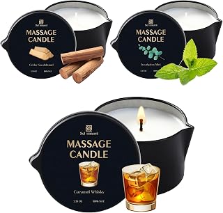 3 Pack Massage Oil Candles 2.35oz Low Temp Massage Candle Wax Spa Therapy Body Oil Valentines Gifts for Relaxation, Couples, or Self-Care (2.35 oz, Eucalyptus Mint, Cedar Sandalwood, Caramel Whisky)