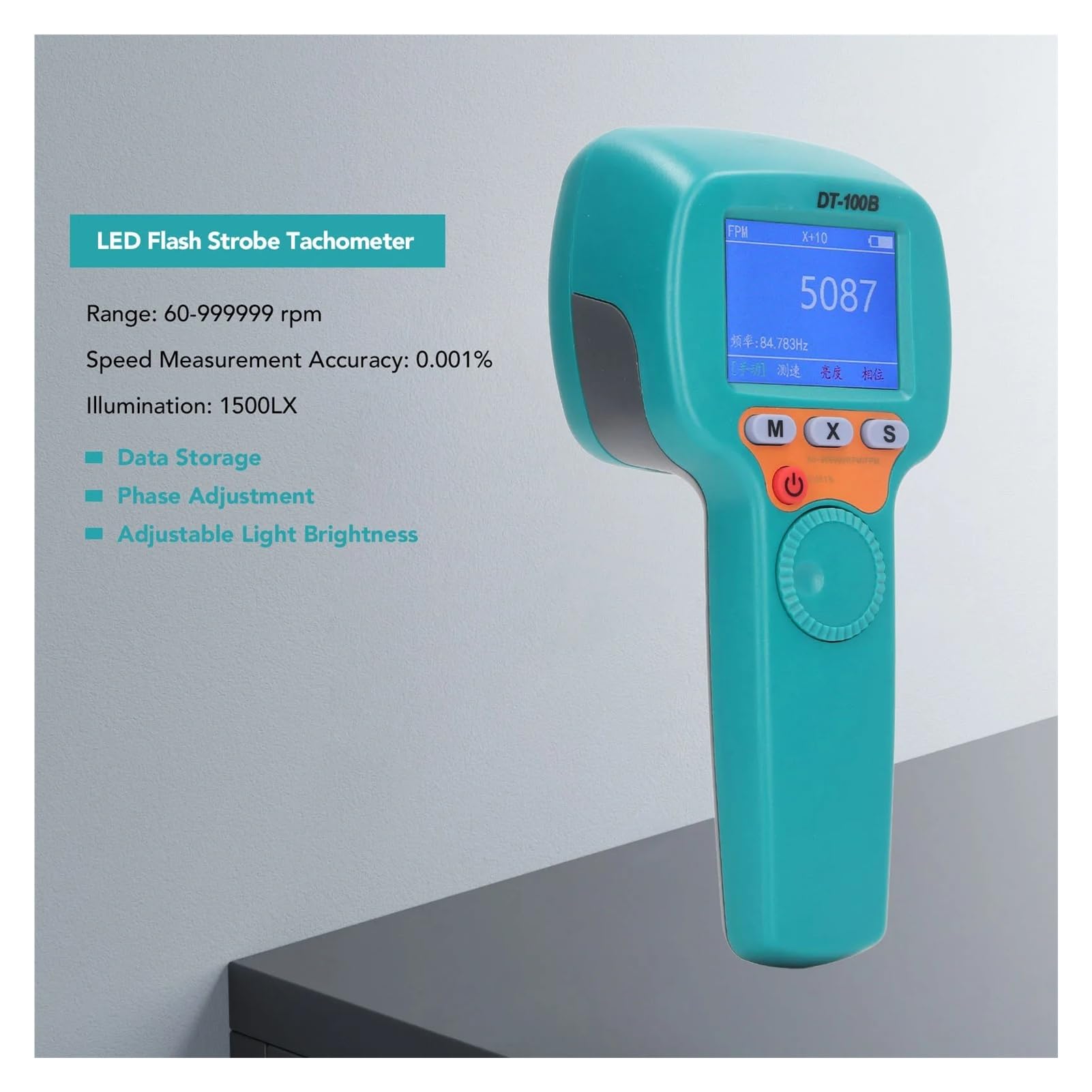 Estroboscopio Digital de mano DT100B, tacómetro estroboscópico con Flash LED recargable, velocímetro de 60 a 999999 RPM, 1500LX Alta Luminancia