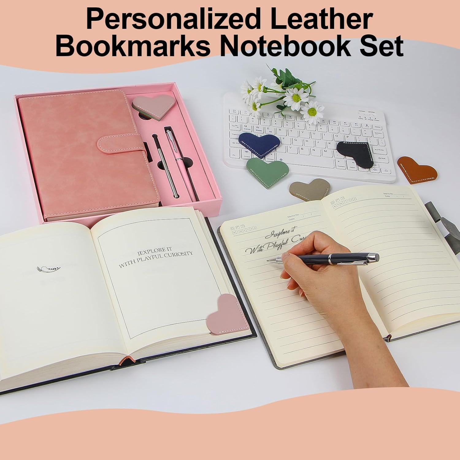 Leather Notebook Gift Set - A5 Hardcover Journal with Pen & 6 Heart Bookmarks, Gift Box + Bag (Pink)