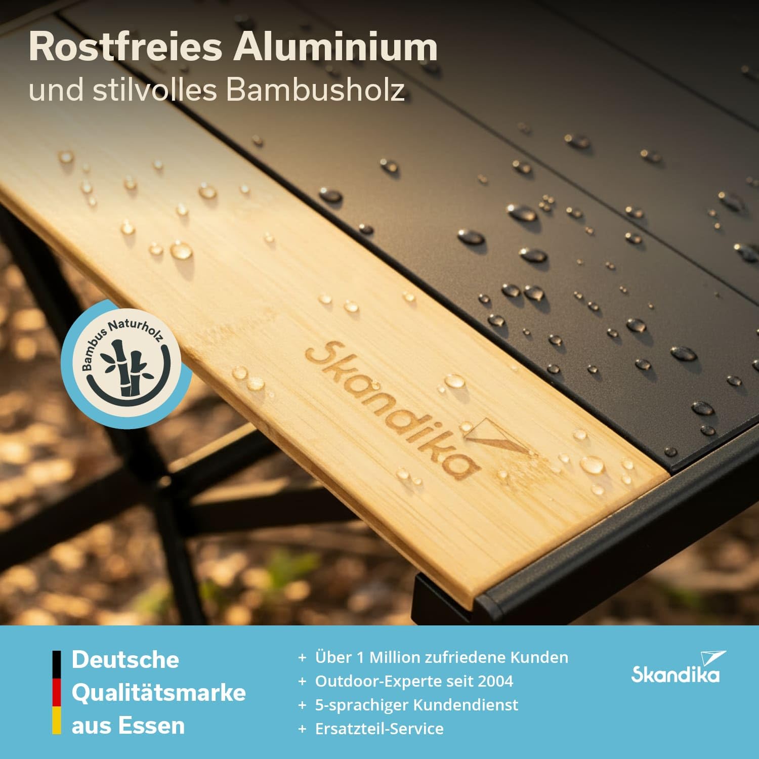Skandika Tivaro aluminiowy stół kempingowy z drewna, dla 6 osób, udźwig 80 kg, 147 x 80 x 70 cm, wodoszczelny, składany, lekki, zwijany blat stołu do ogrodu, na kemping, do wędkowania