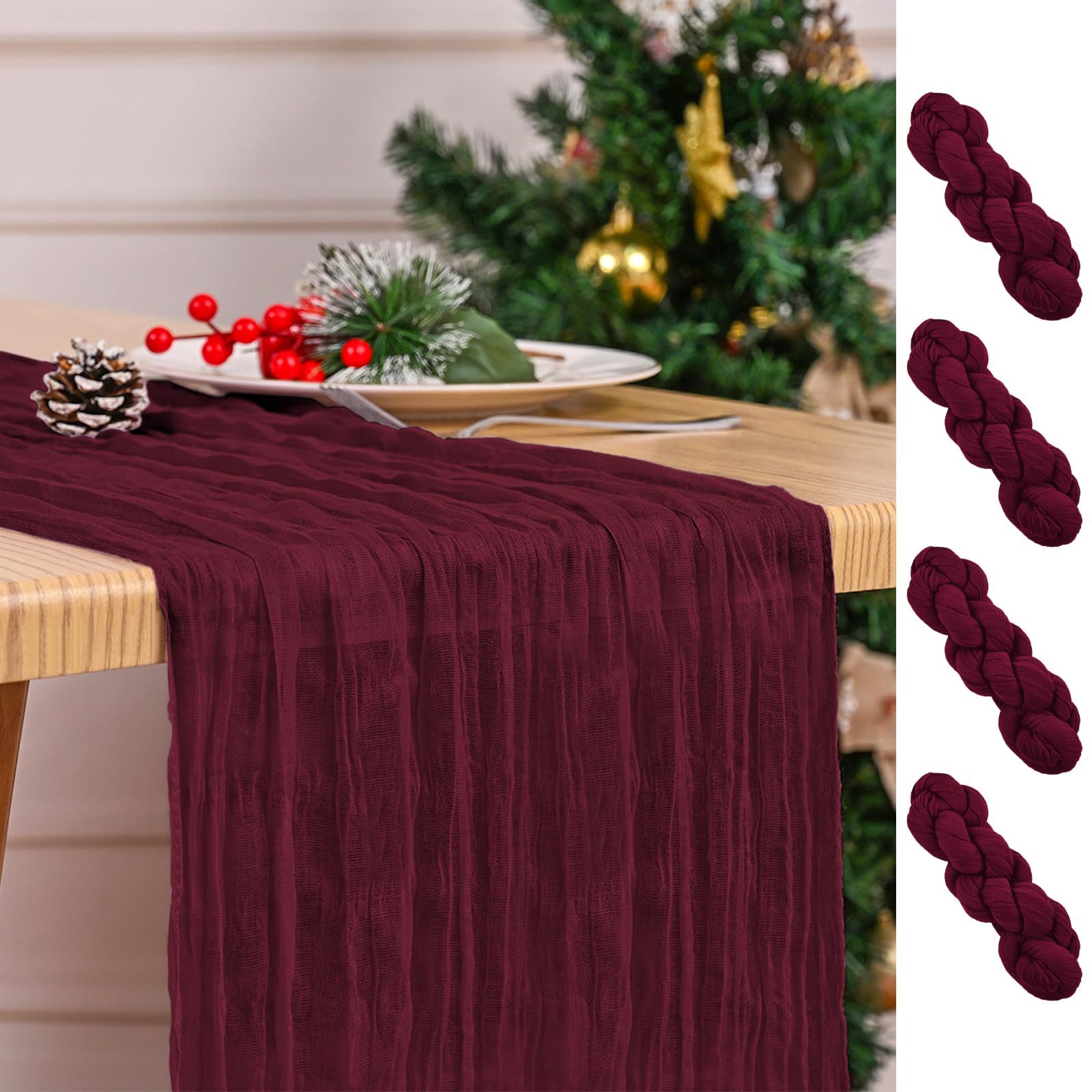 4 Pack Burgundy Table Runner 17 x 108inch Cheesecloth Table Runner Boho Gauze Table Runners for Dining Table Rustic Sheer Fabric Table Runners for Wedding Party Bridal Shower Spring