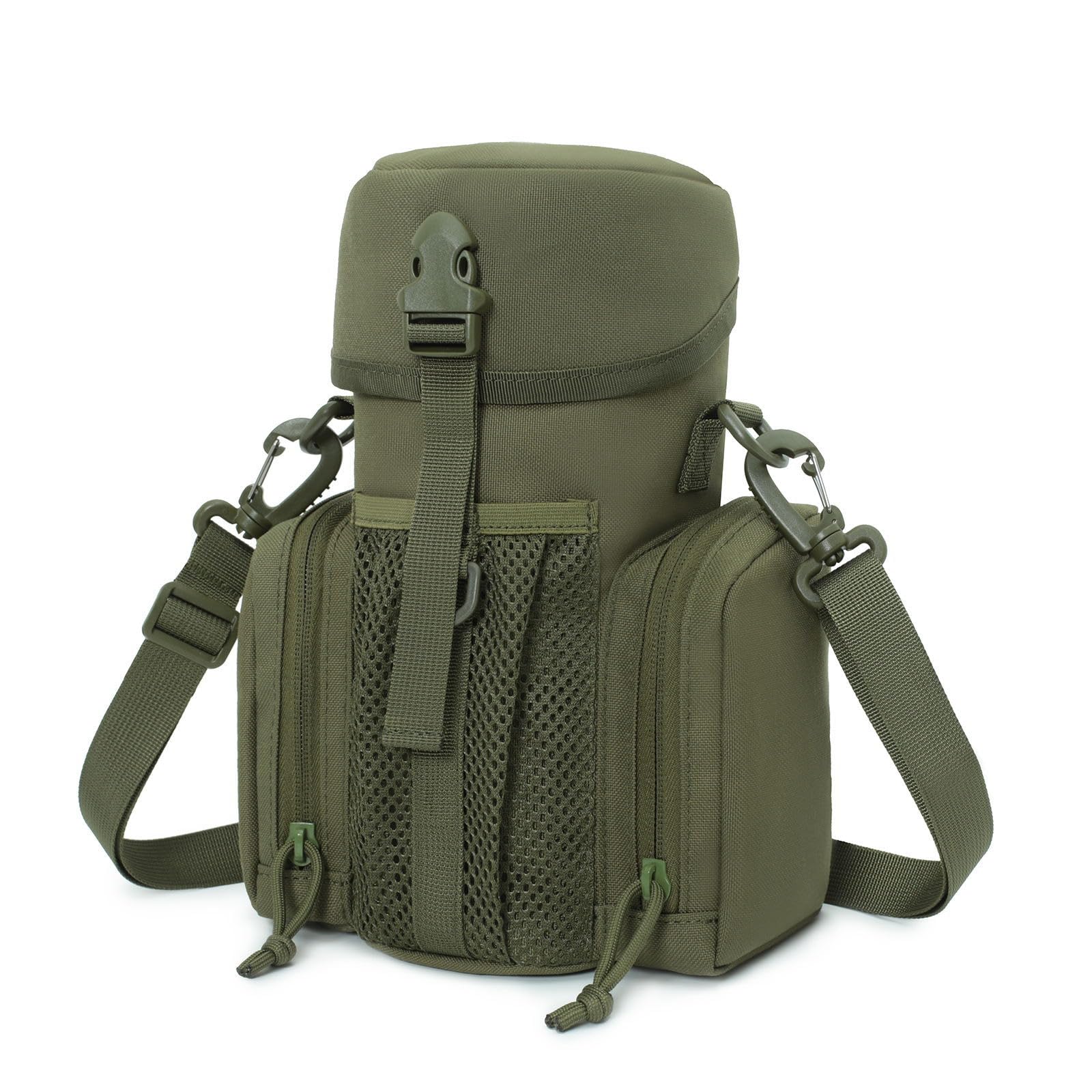 Gexgune Molle Water Bottle Pouch for 64 oz Wide Mouth Bottles - Military Grade Hydration Carrier with Adjustable Shoulder Strap, 2 Zipper Pockets & Front Mesh Pocket (Green) — image 1