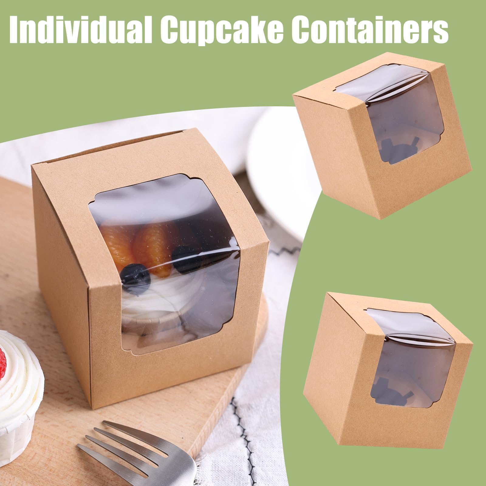 BELLE VOUS 50pz Scatole per Dolci Kraft Bianca con Finestra e Manico 9,39 x 9,39 x 10,66 cm - Contenitori Take Away Carta Monouso - Scatola per Biscotti, Torte - Contenitori in